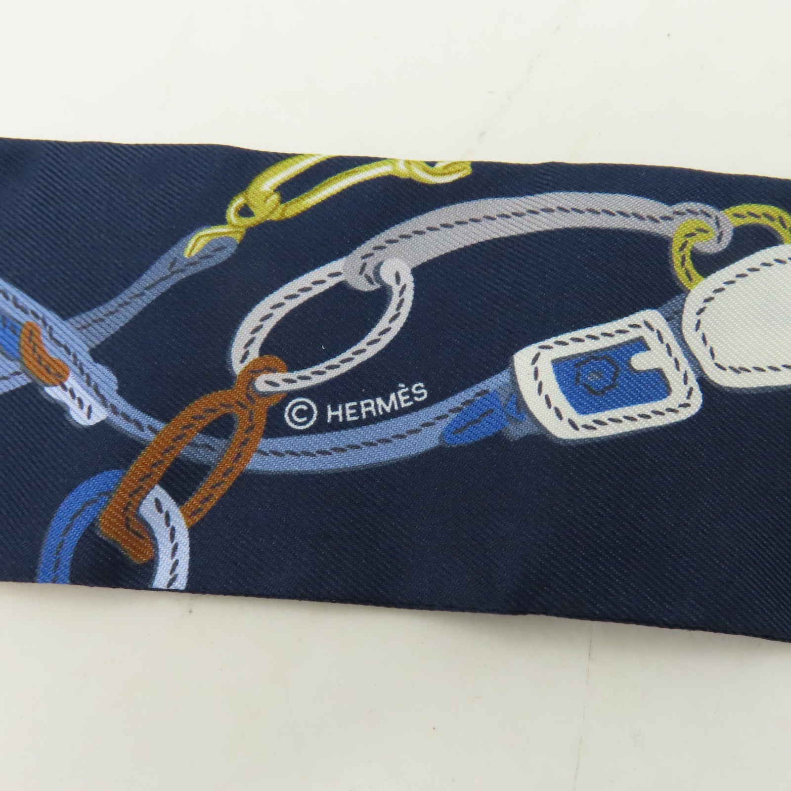 HERMES 絲質Twilly絲巾深藍色/黃色/啡色