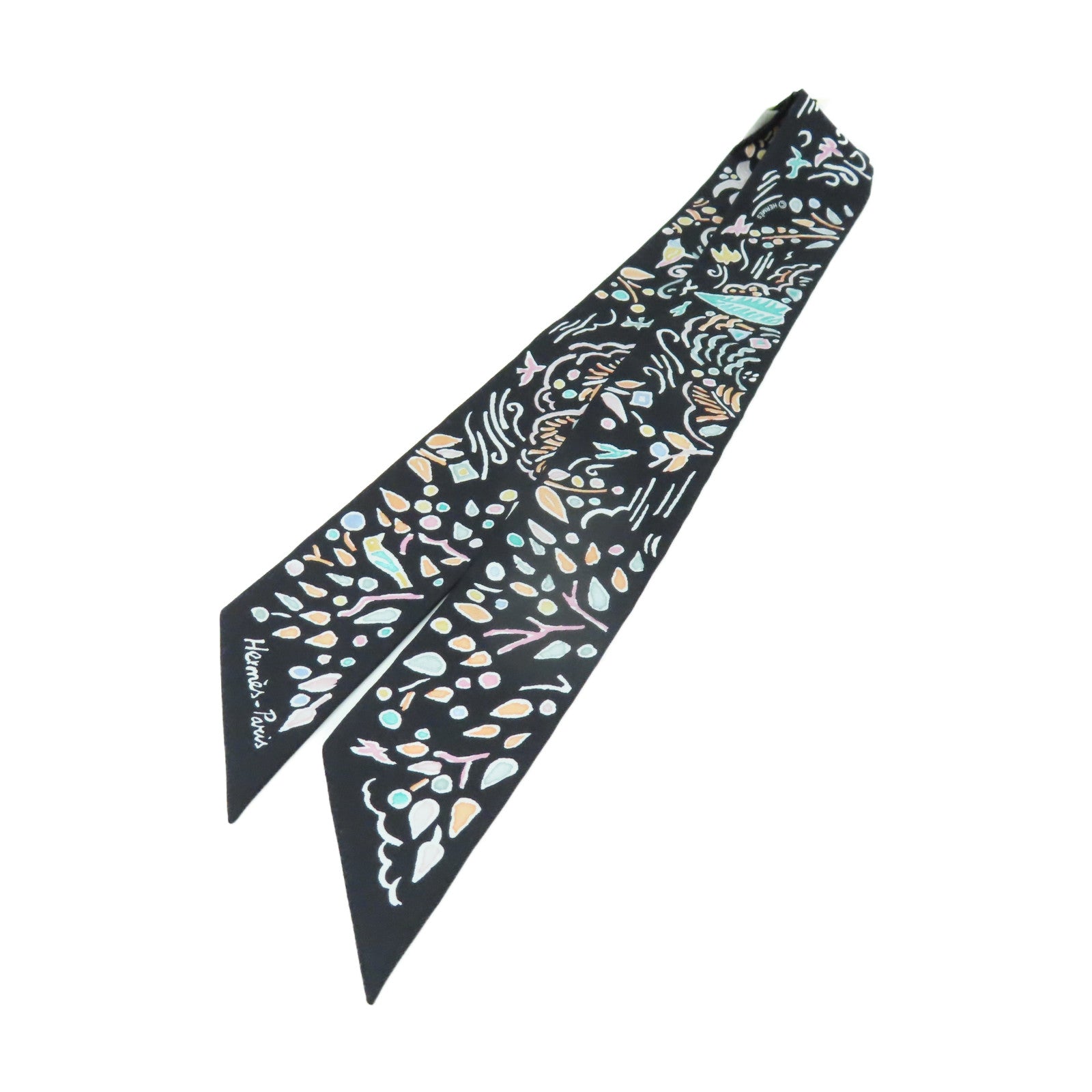 HERMES 絲質Twilly Scarf絲巾黑色/彩色