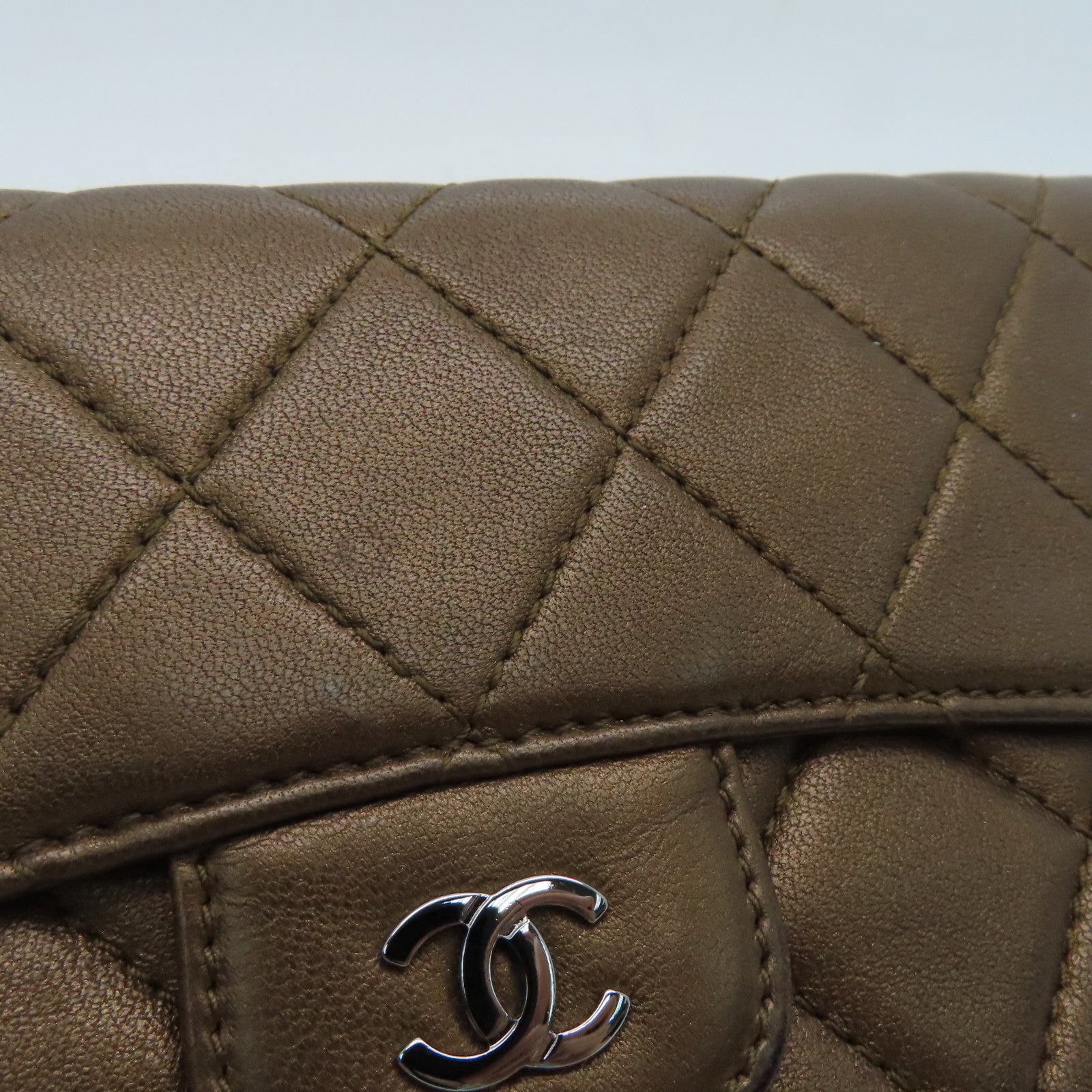 CHANEL 菱格牛皮皮革Long Wallet銀扣長錢包啡色