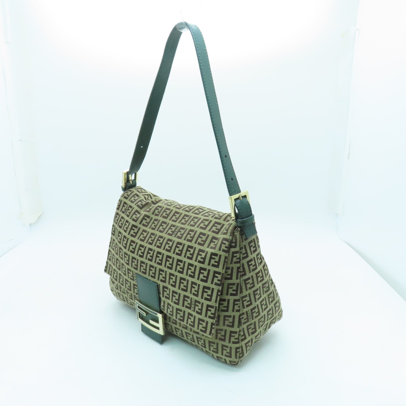 FENDI 帆布Shoulder Bag金扣肩背袋棕色/綠色