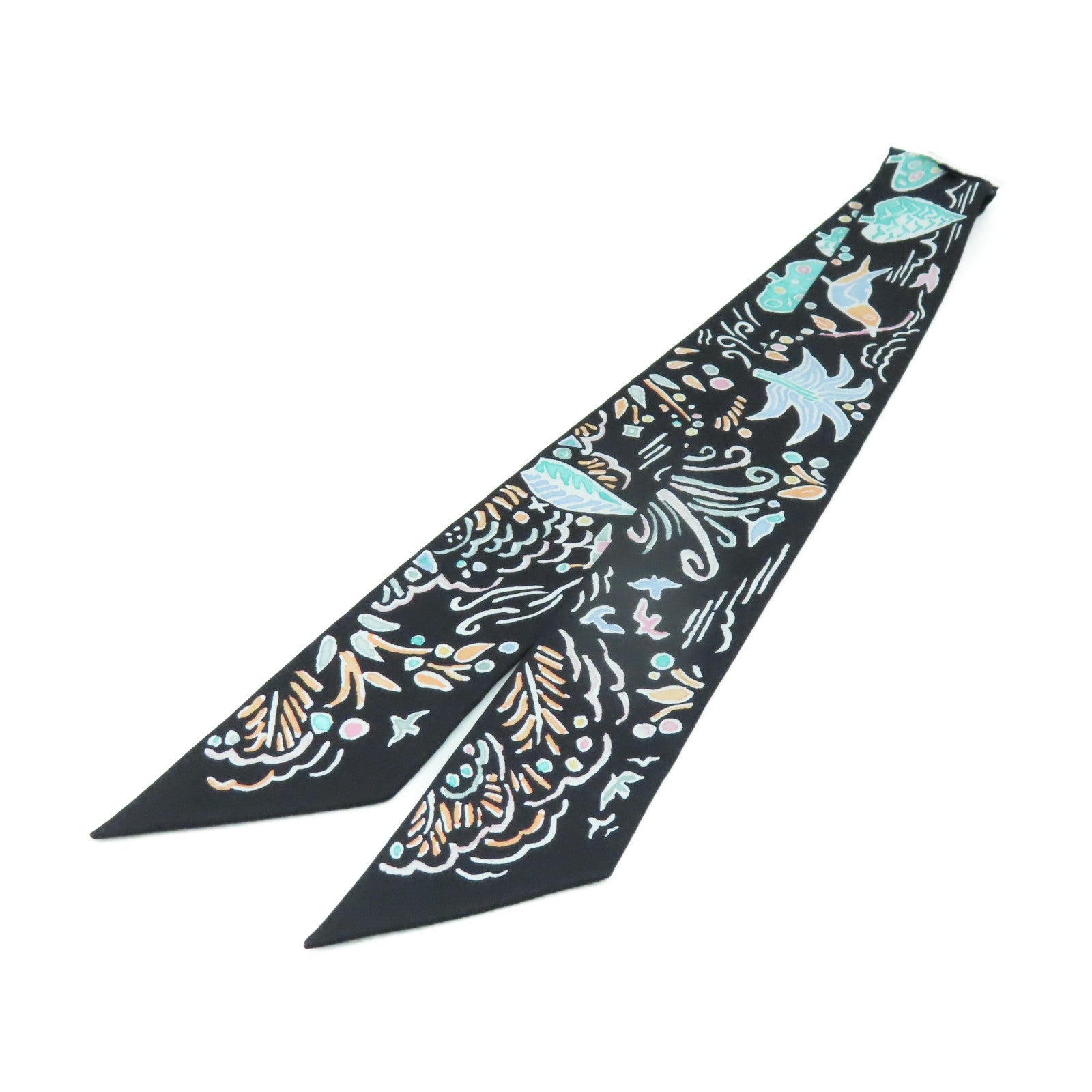 HERMES 絲質Twilly Scarf絲巾黑色/彩色