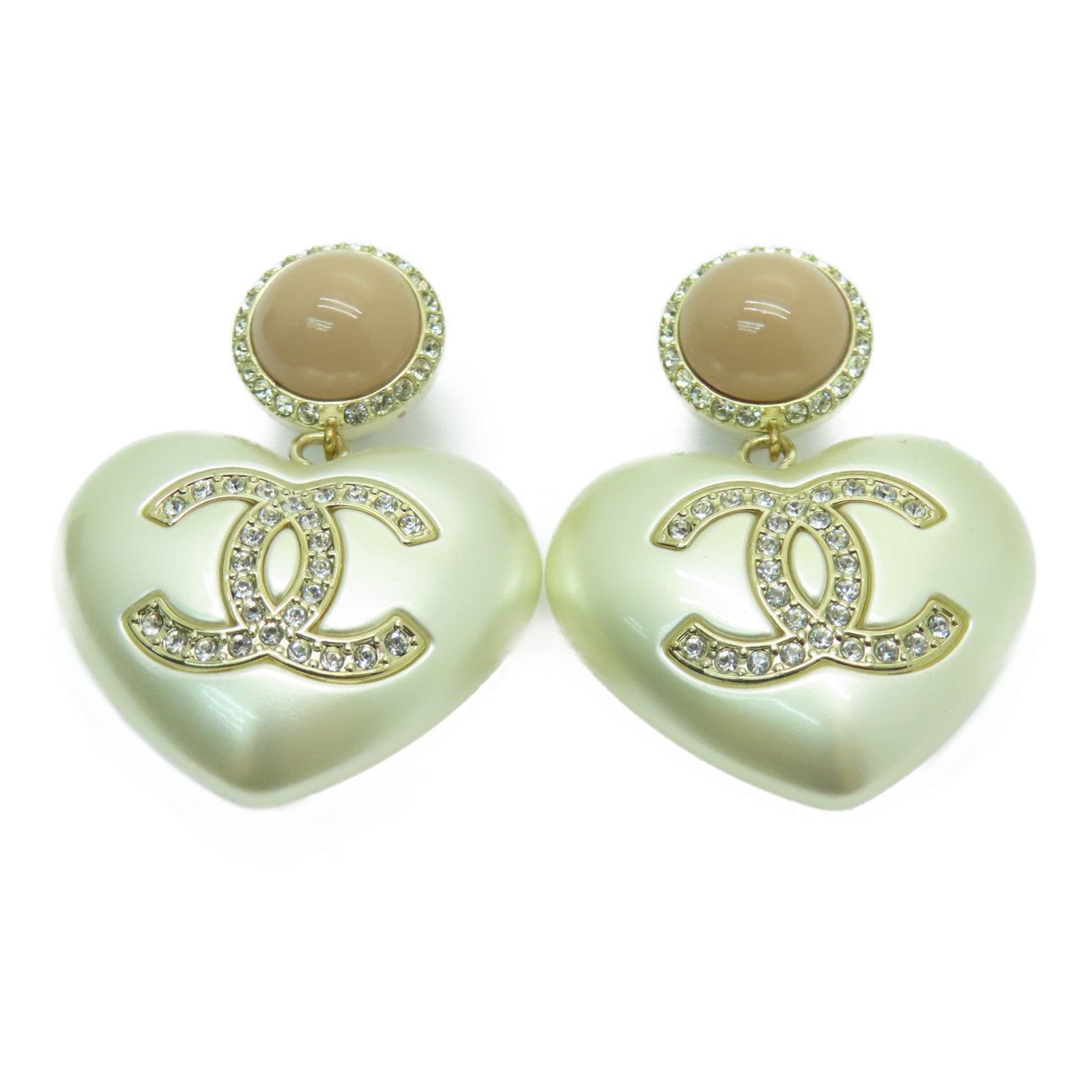 CHANEL 金屬Heart Earrings耳夾耳環粉紅色/珍珠白色