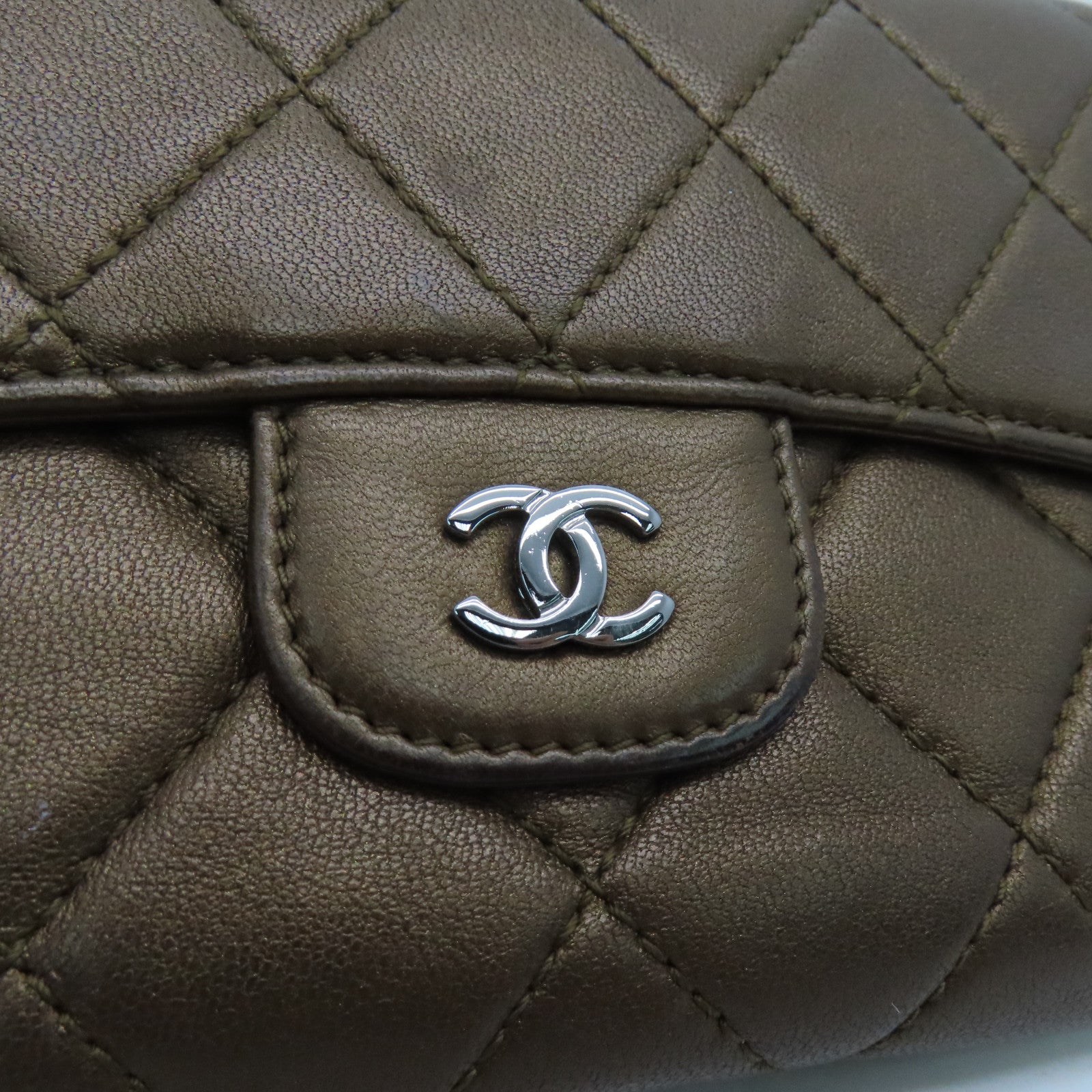 CHANEL 菱格牛皮皮革Long Wallet銀扣長錢包啡色