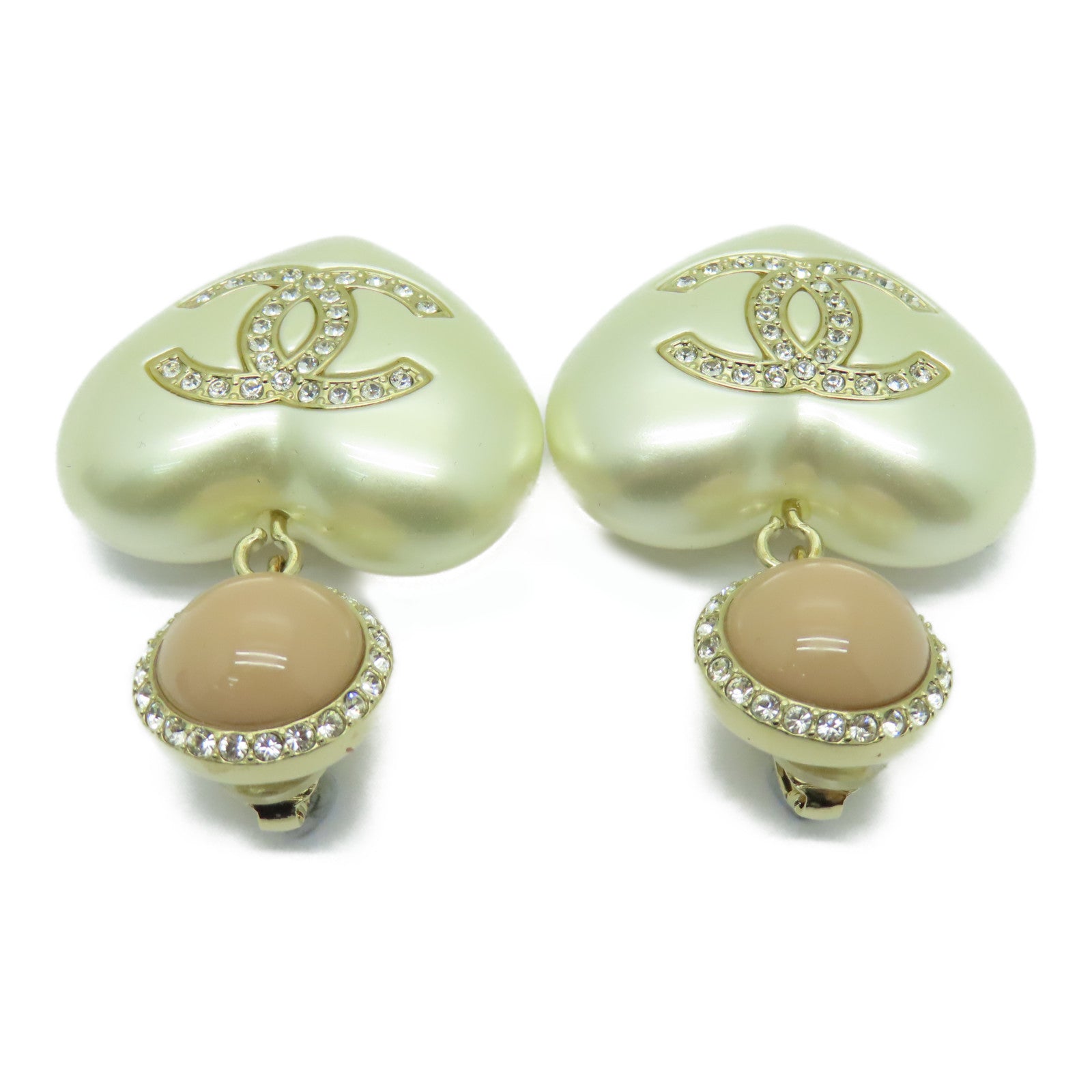 CHANEL 金屬Heart Earrings耳夾耳環粉紅色/珍珠白色