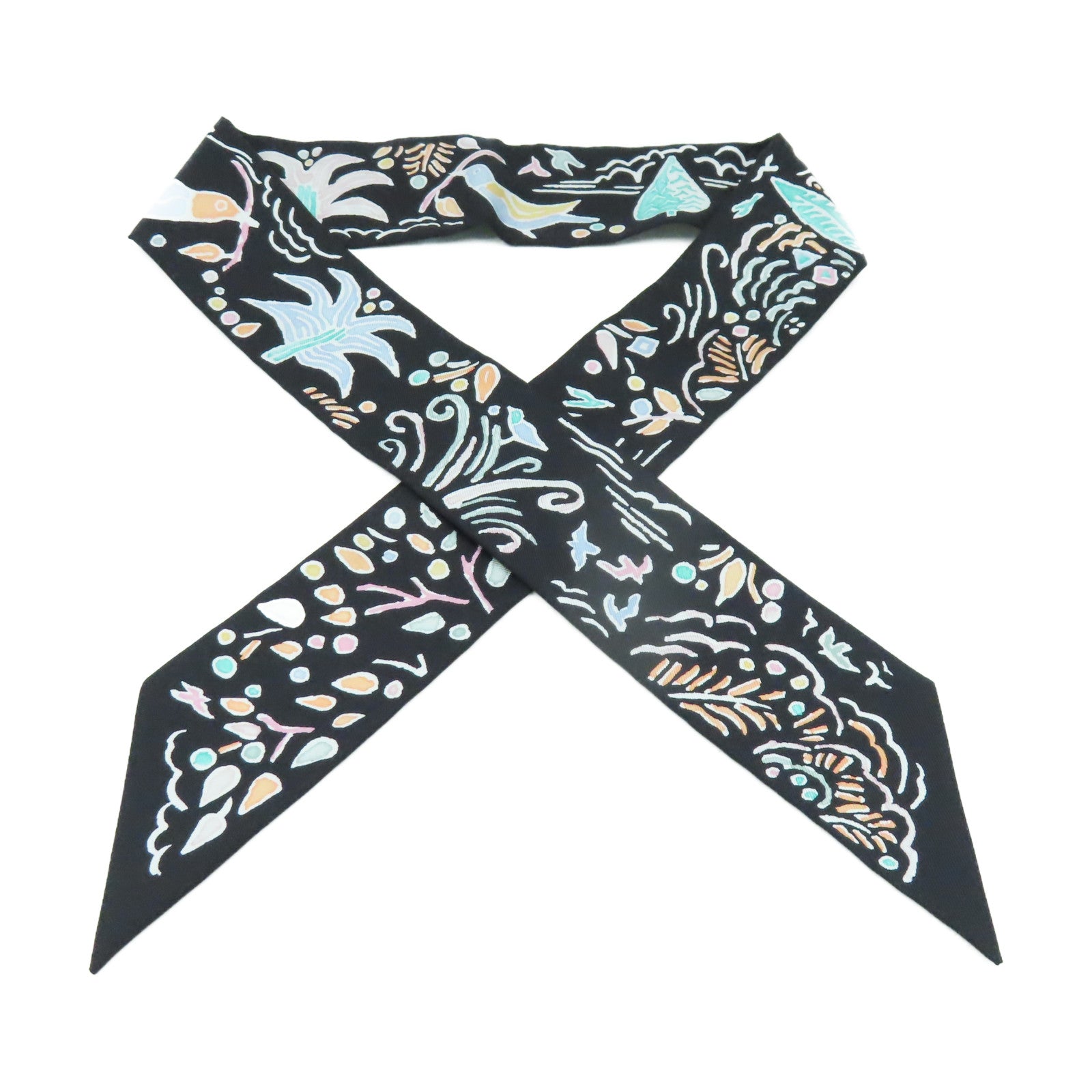 HERMES 絲質Twilly Scarf絲巾黑色/彩色