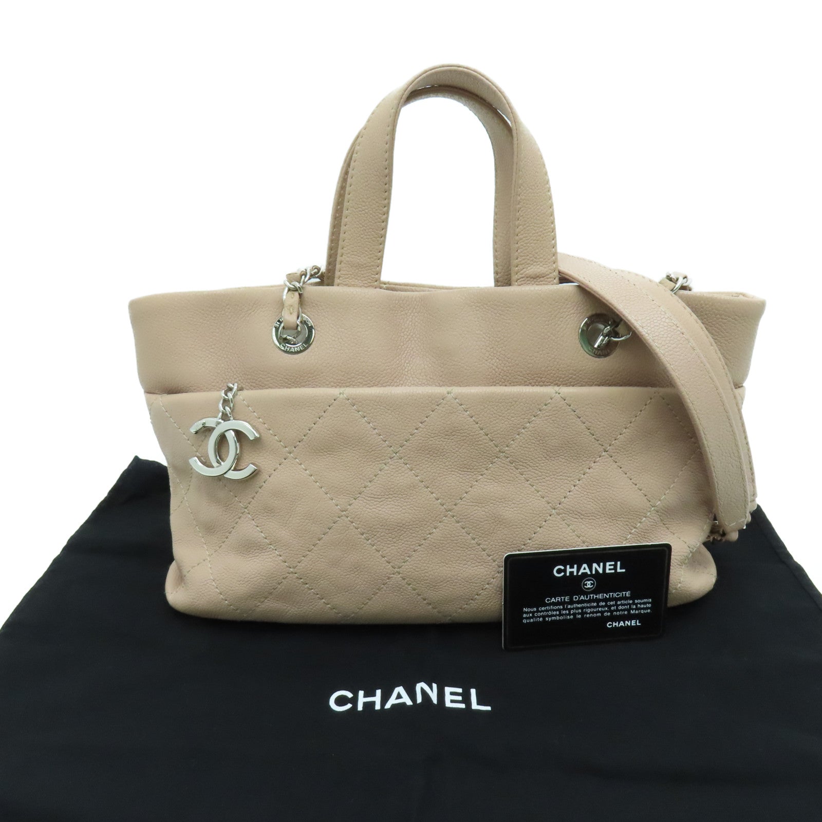 CHANEL Caviar菱格Chain Shoulder銀扣手挽肩背袋兩用袋粉紅色