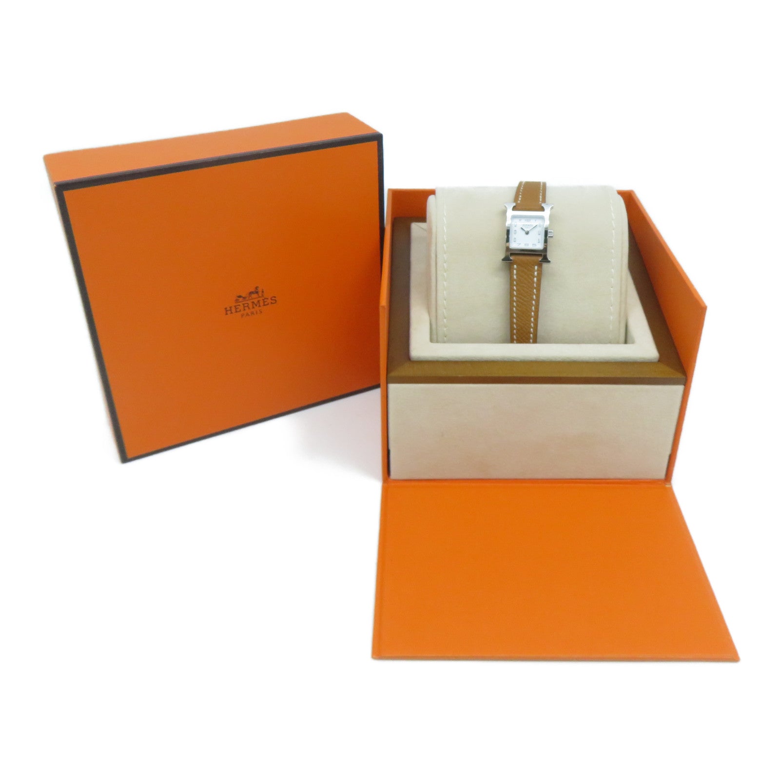 HERMES H watch 21mm不鏽鋼Epsom皮革帶手錶石英機芯白色/Gold經典駝色