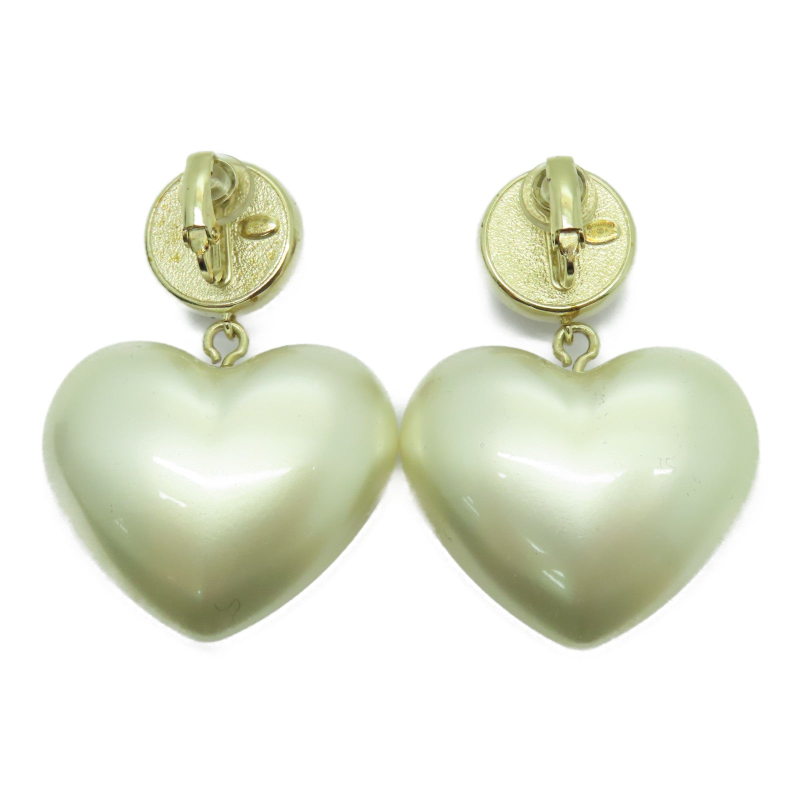 CHANEL 金屬Heart Earrings耳夾耳環粉紅色/珍珠白色