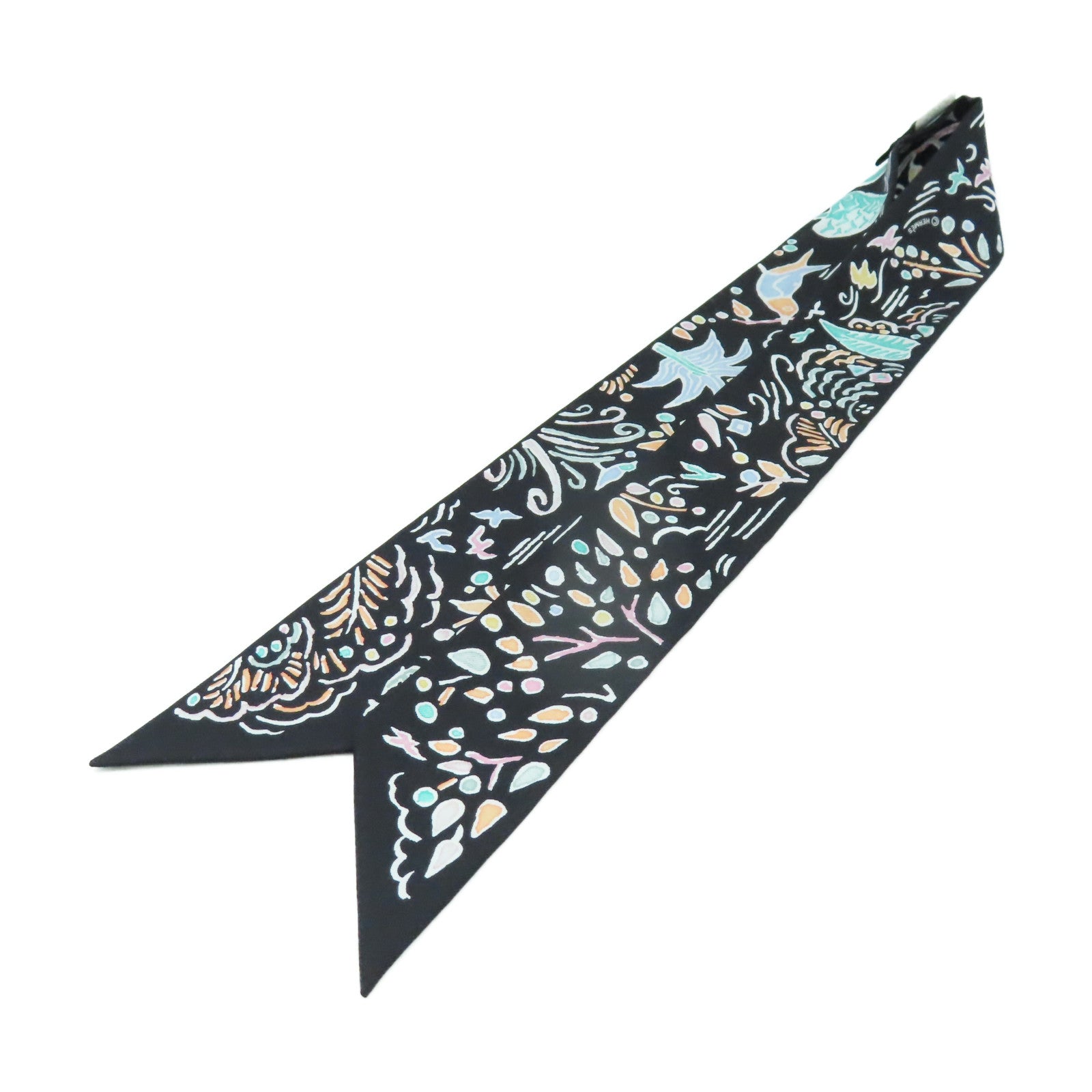 HERMES 絲質Twilly Scarf絲巾黑色/彩色