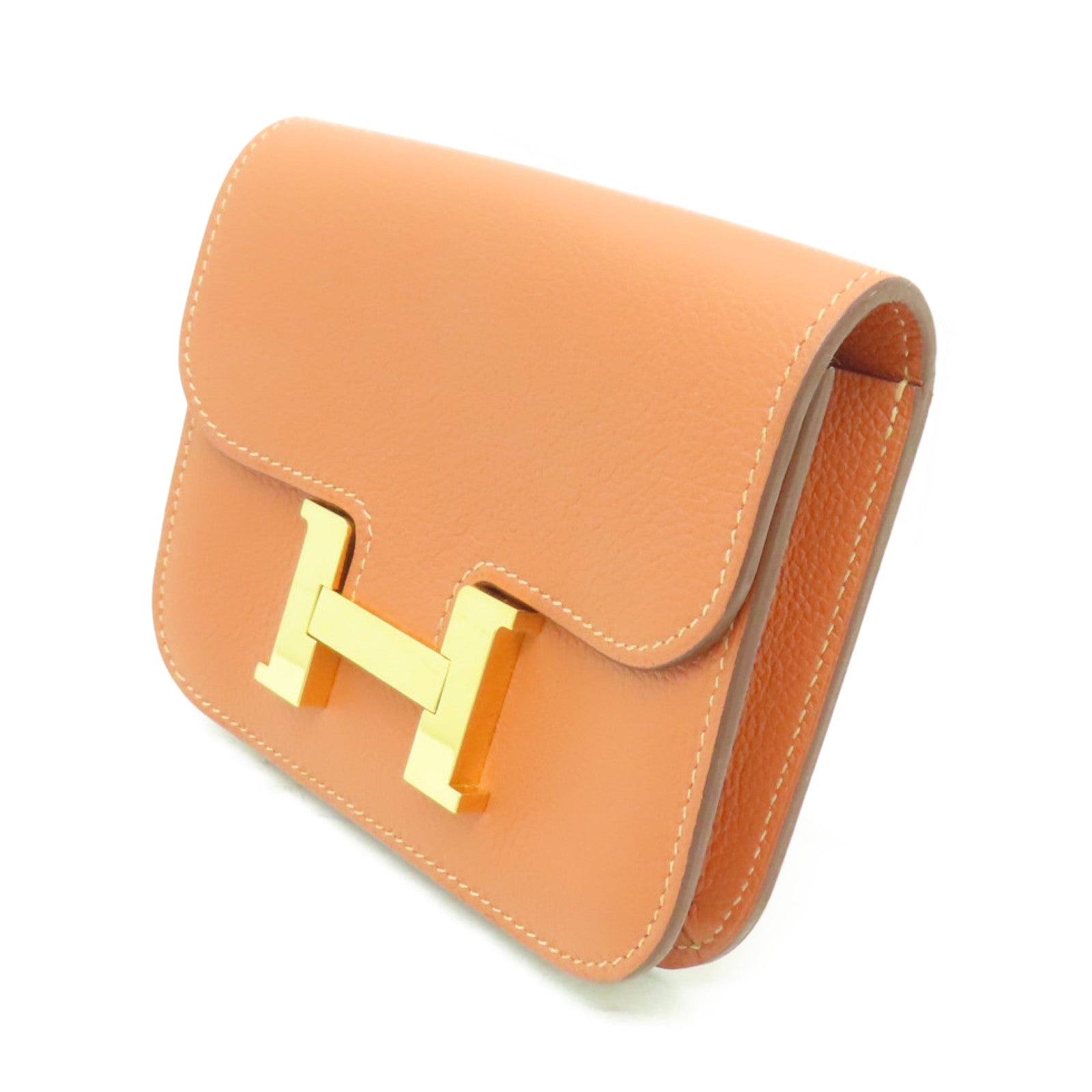 HERMES Evercolor皮革Constance Slim金扣錢包Vert-De-Gris棕色