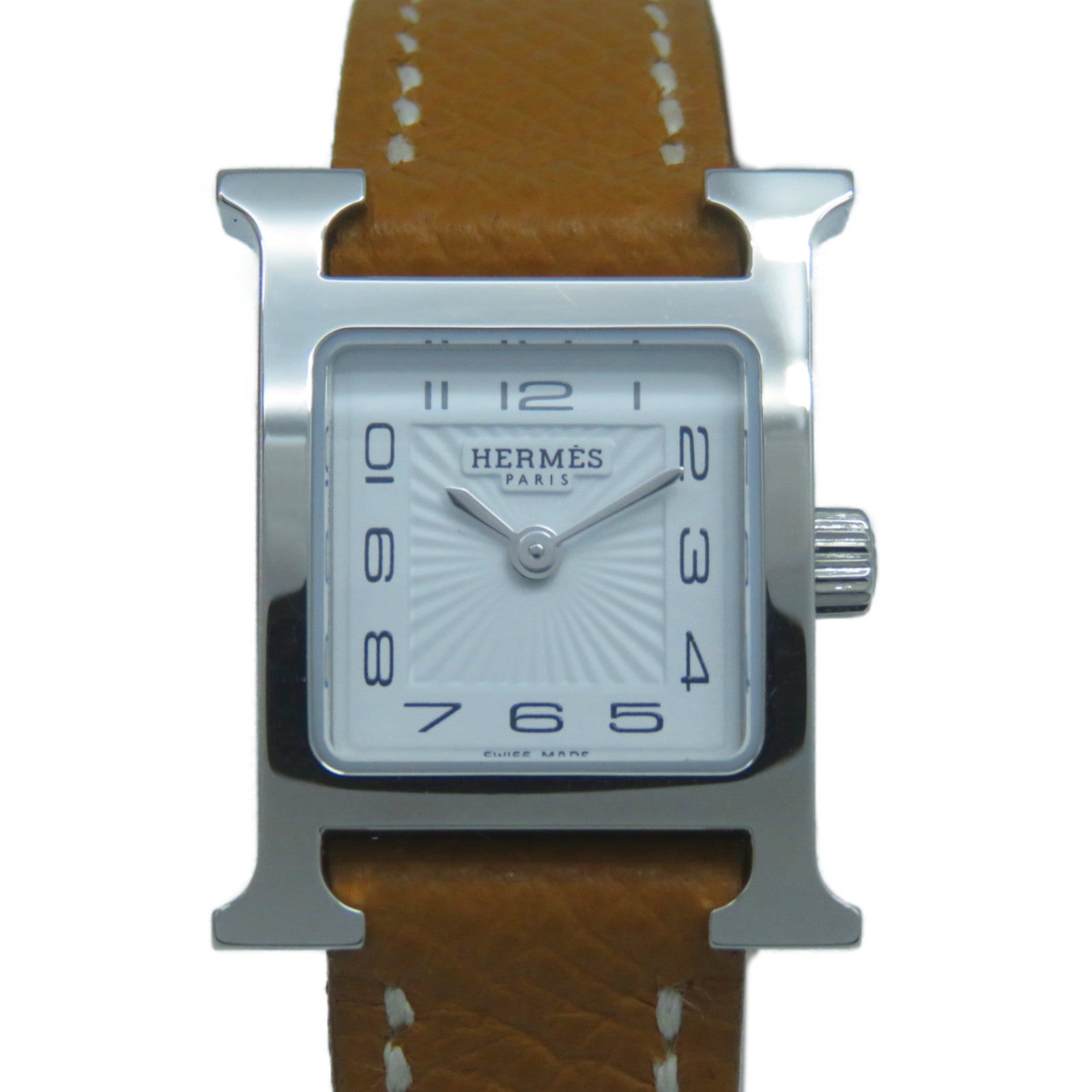 HERMES H watch 21mm不鏽鋼Epsom皮革帶手錶石英機芯白色/Gold經典駝色