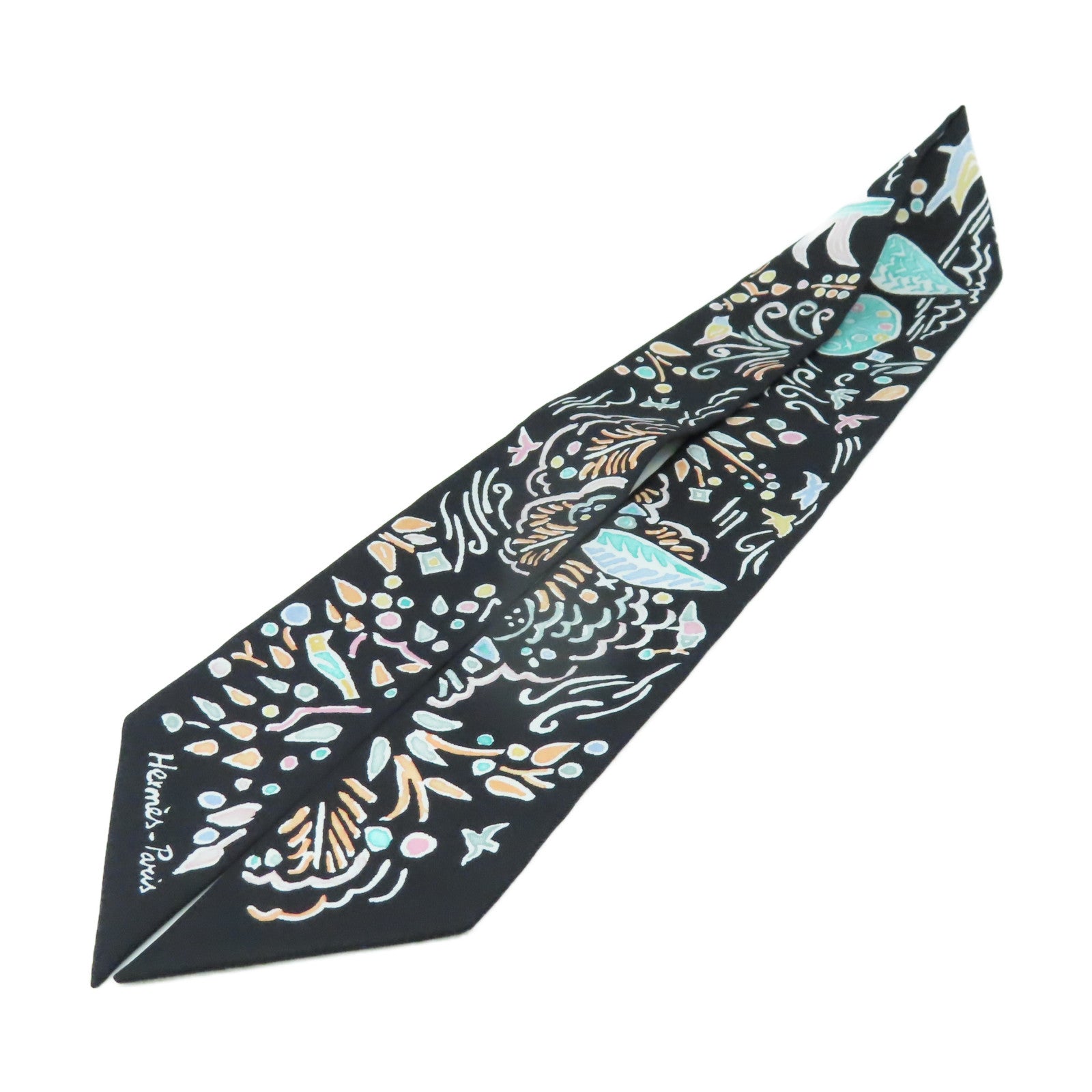 HERMES 絲質Twilly Scarf絲巾黑色/彩色