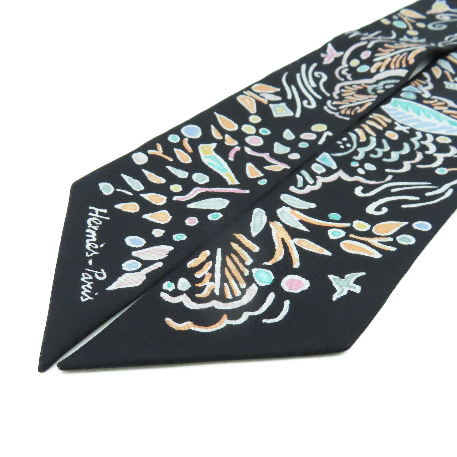 HERMES 絲質Twilly Scarf絲巾黑色/彩色