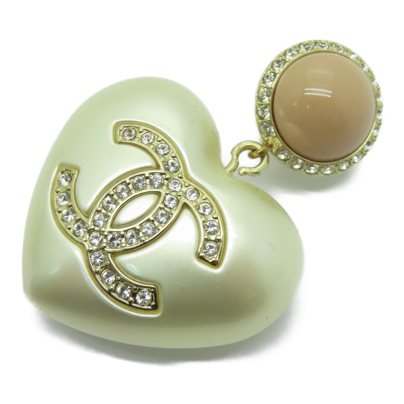CHANEL 金屬Heart Earrings耳夾耳環粉紅色/珍珠白色