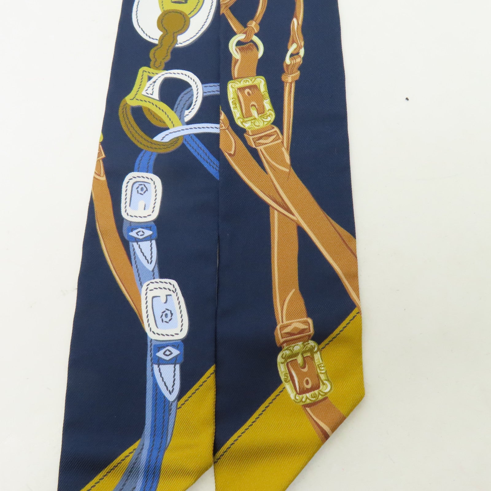 HERMES 絲質Twilly絲巾深藍色/黃色/啡色