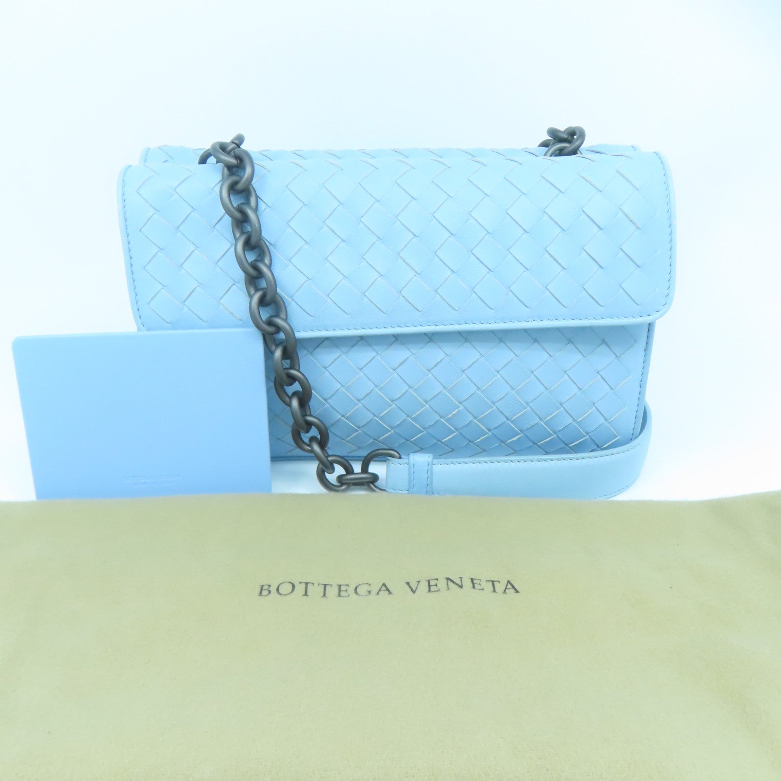 BOTTEGA VENETA 牛皮皮革Chain Shoulder黑扣鏈帶肩背袋淺藍色