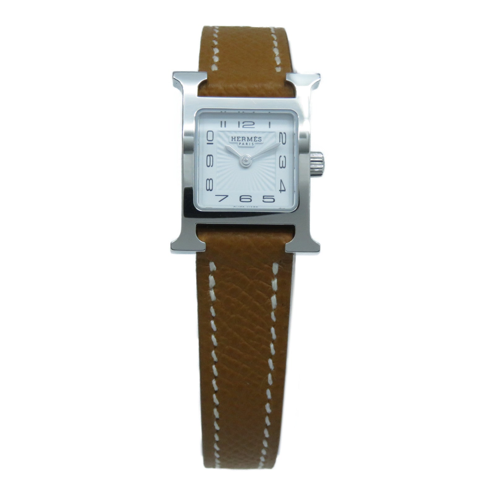HERMES H watch 21mm不鏽鋼Epsom皮革帶手錶石英機芯白色/Gold經典駝色
