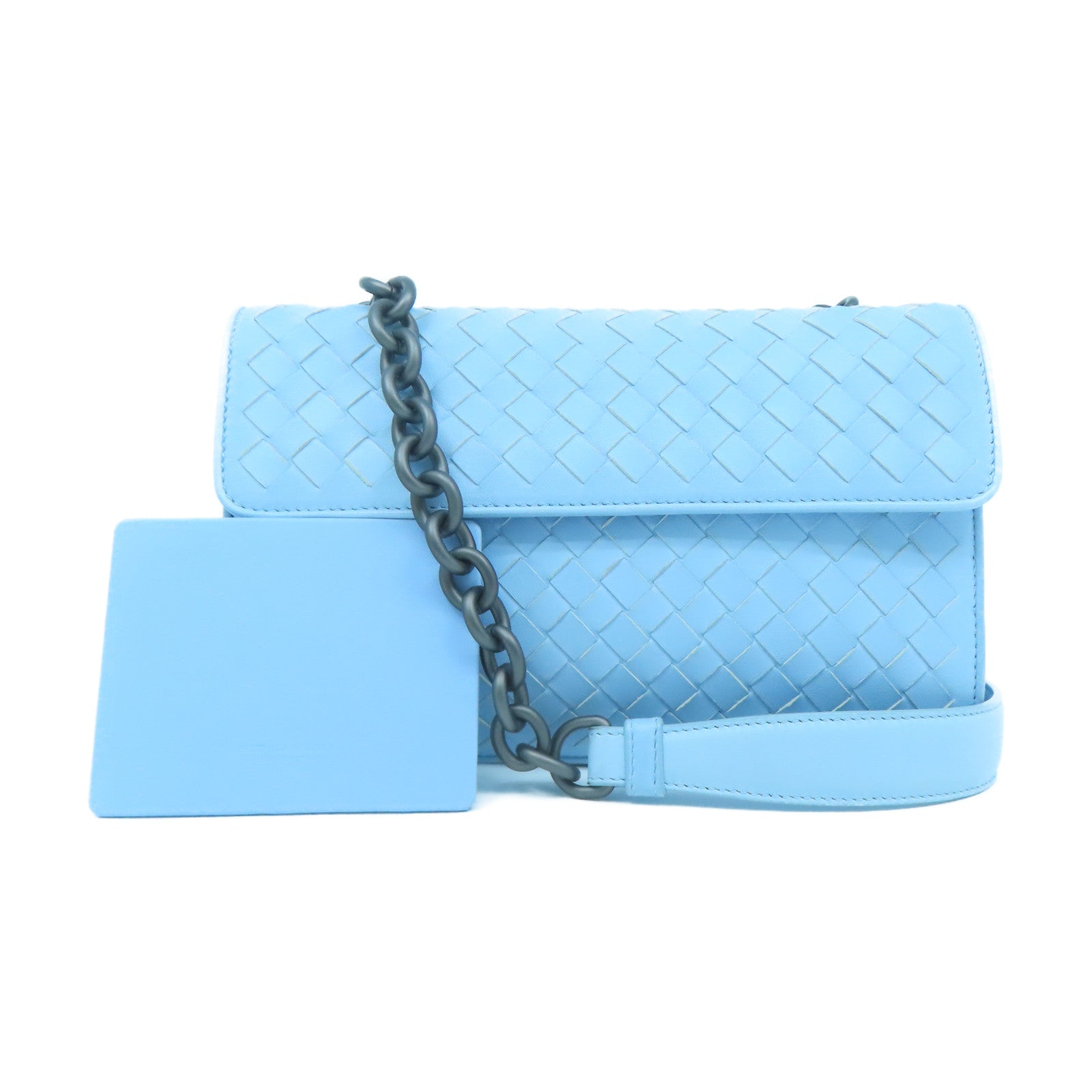 BOTTEGA VENETA 牛皮皮革Chain Shoulder黑扣鏈帶肩背袋淺藍色