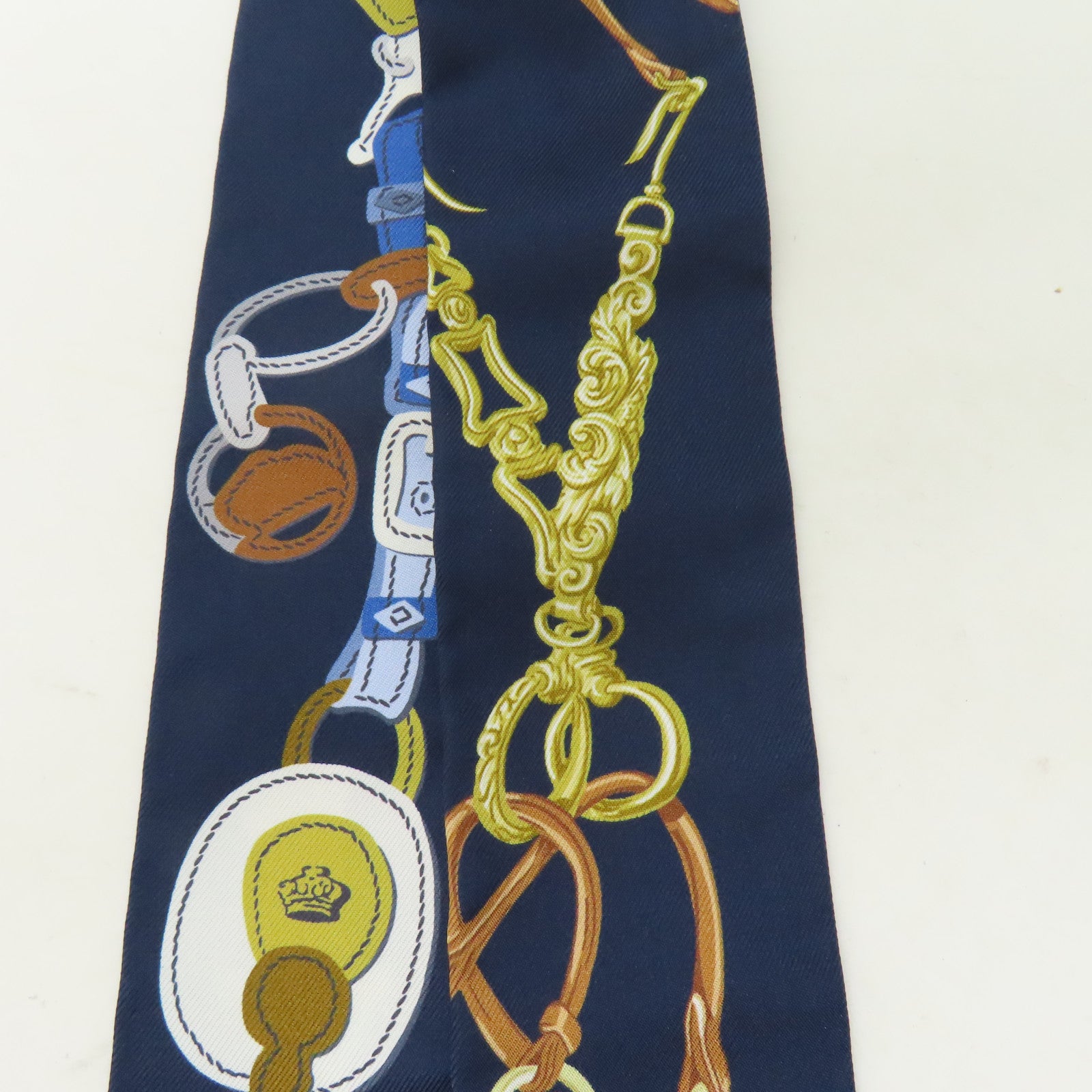 HERMES 絲質Twilly絲巾深藍色/黃色/啡色