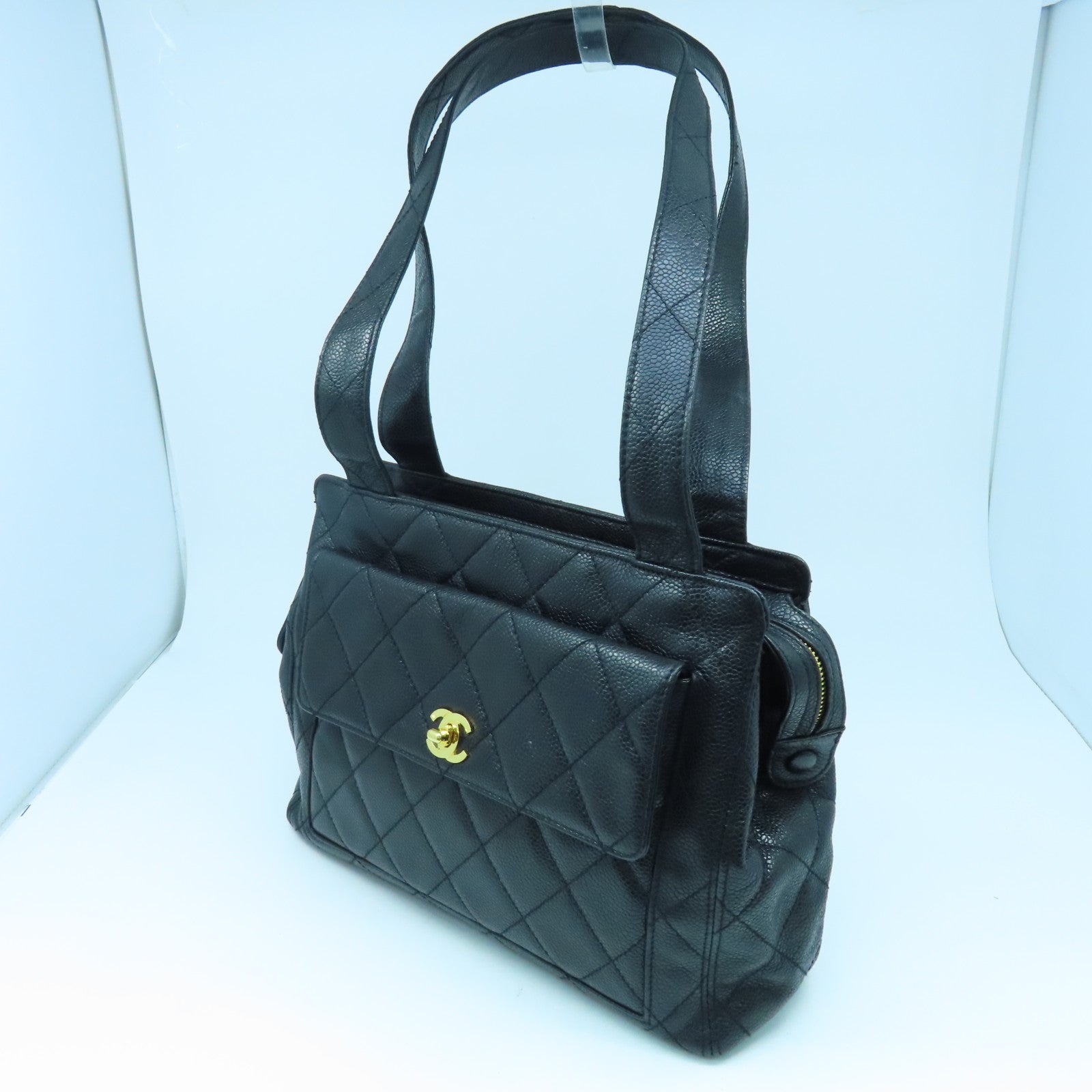 CHANEL 菱格Caviar皮革Vintage Tote Bag金扣手挽袋黑色