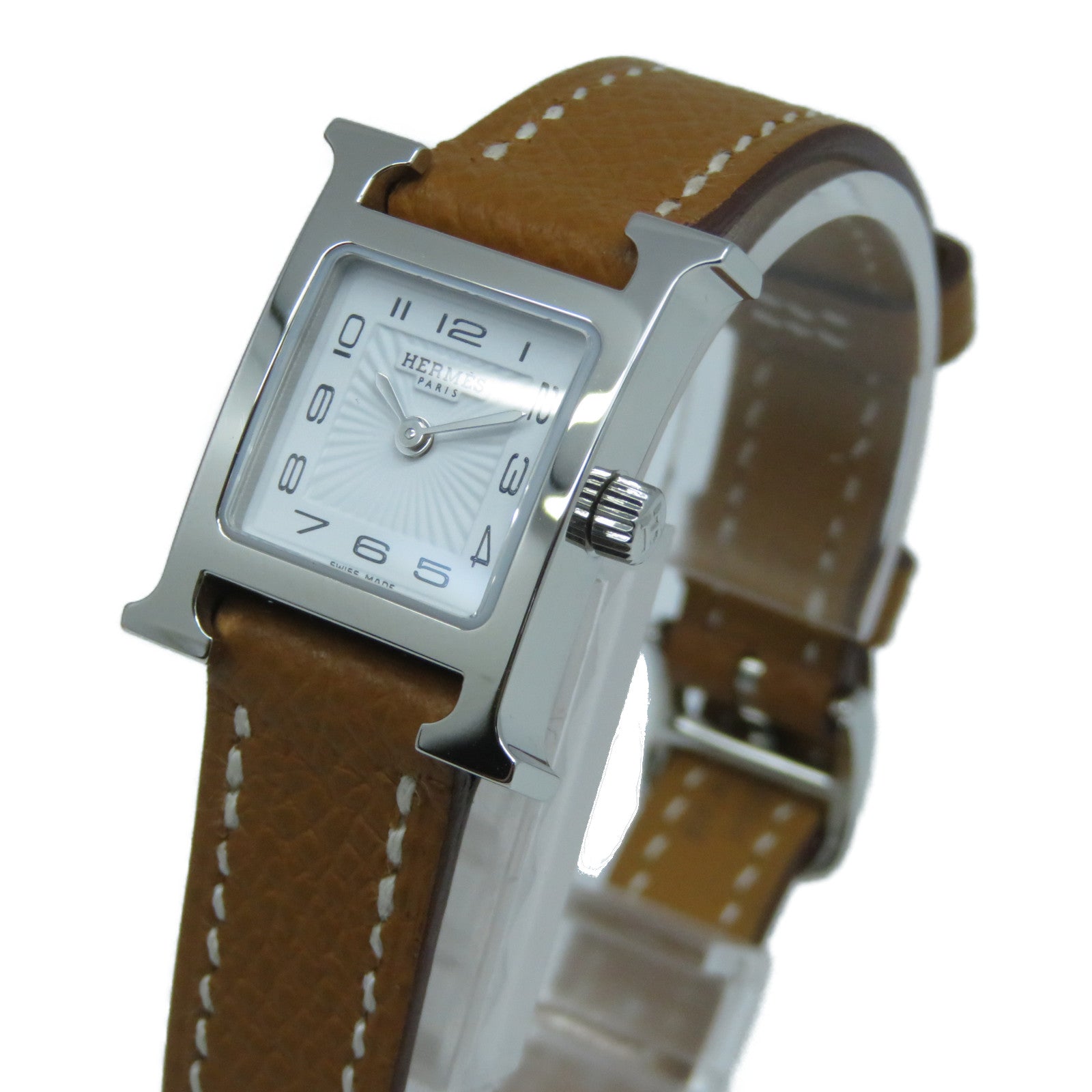 HERMES H watch 21mm不鏽鋼Epsom皮革帶手錶石英機芯白色/Gold經典駝色