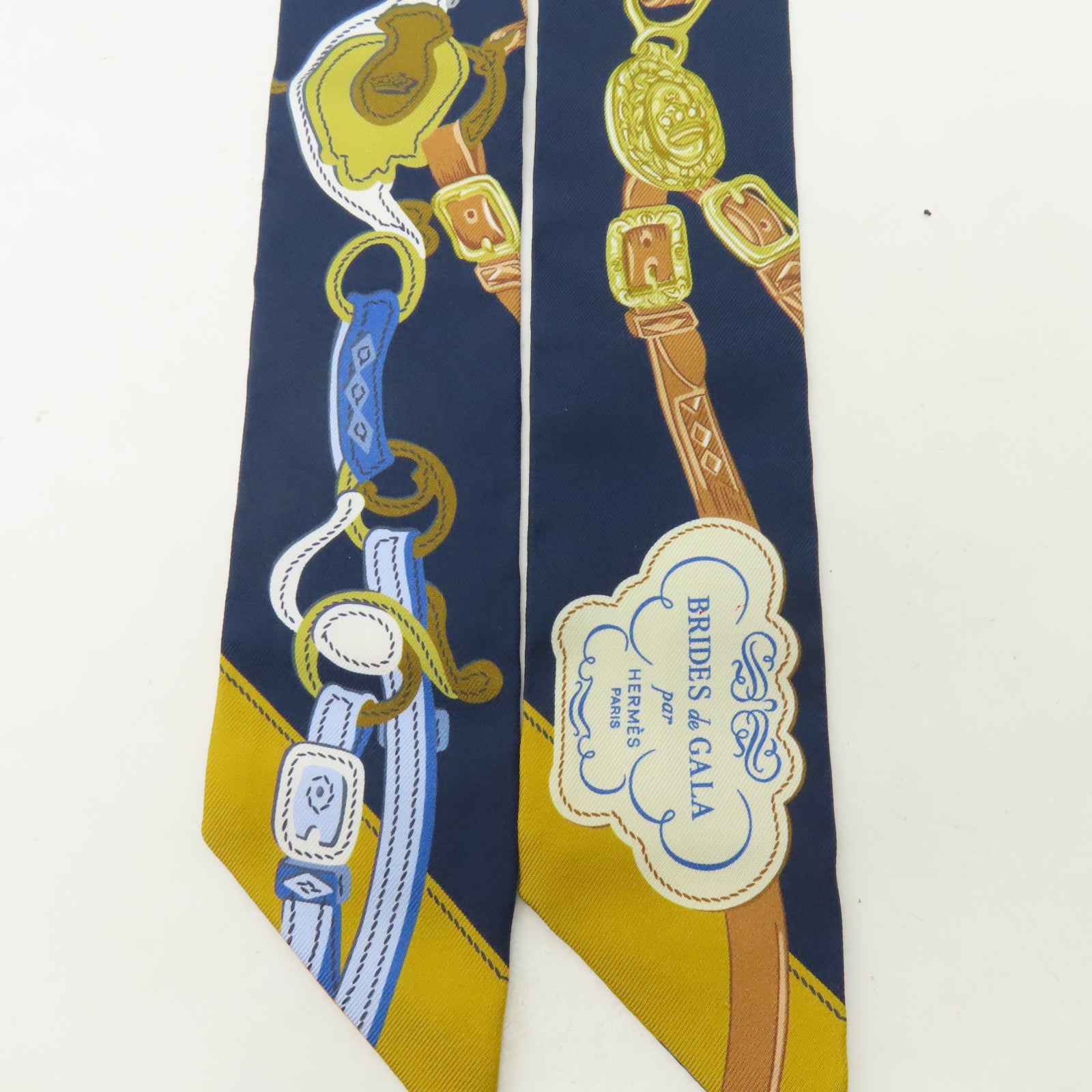HERMES 絲質Twilly絲巾深藍色/黃色/啡色