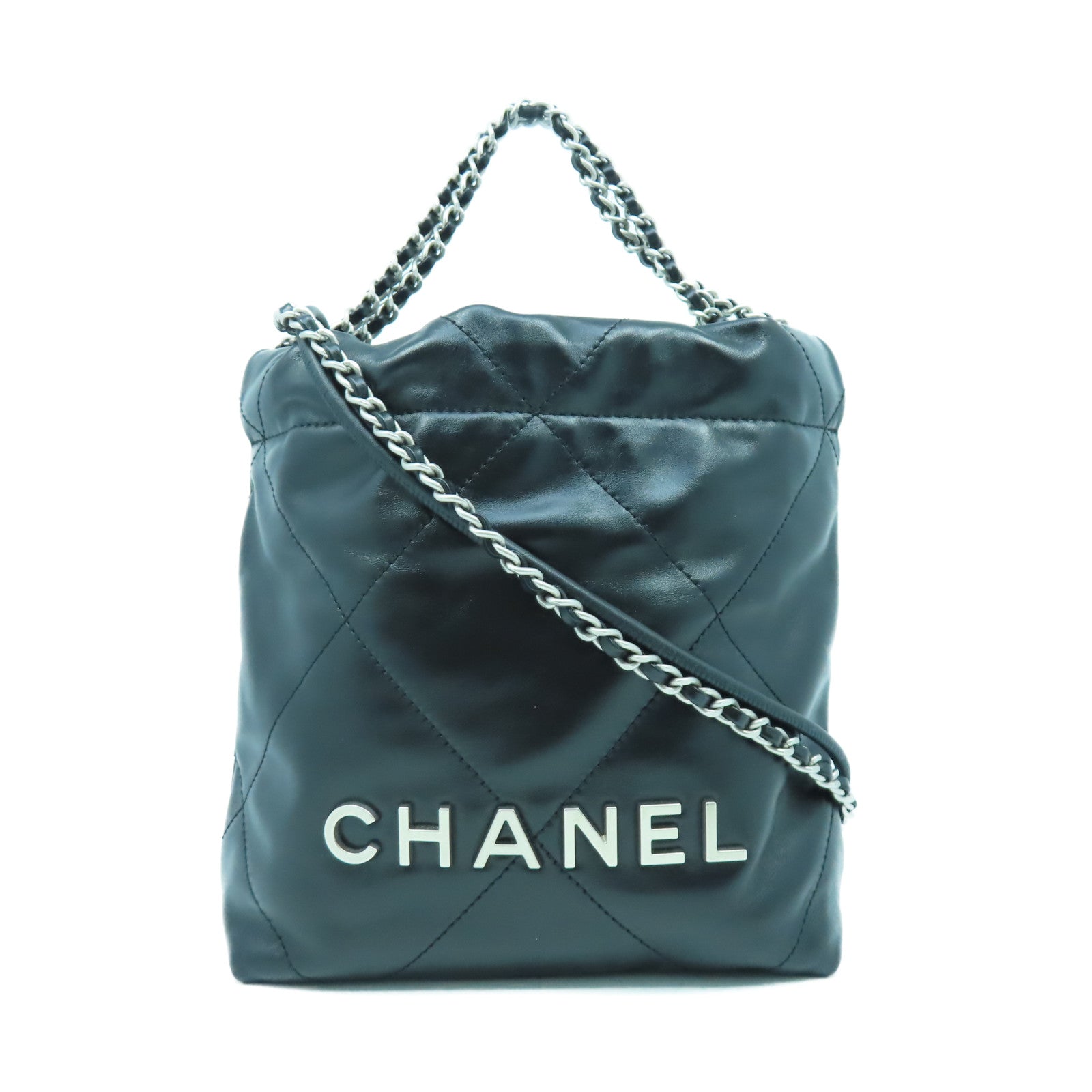 CHANEL 菱格牛皮皮革Chanel 22 Mini銀扣鏈帶手挽肩背兩用袋黑色
