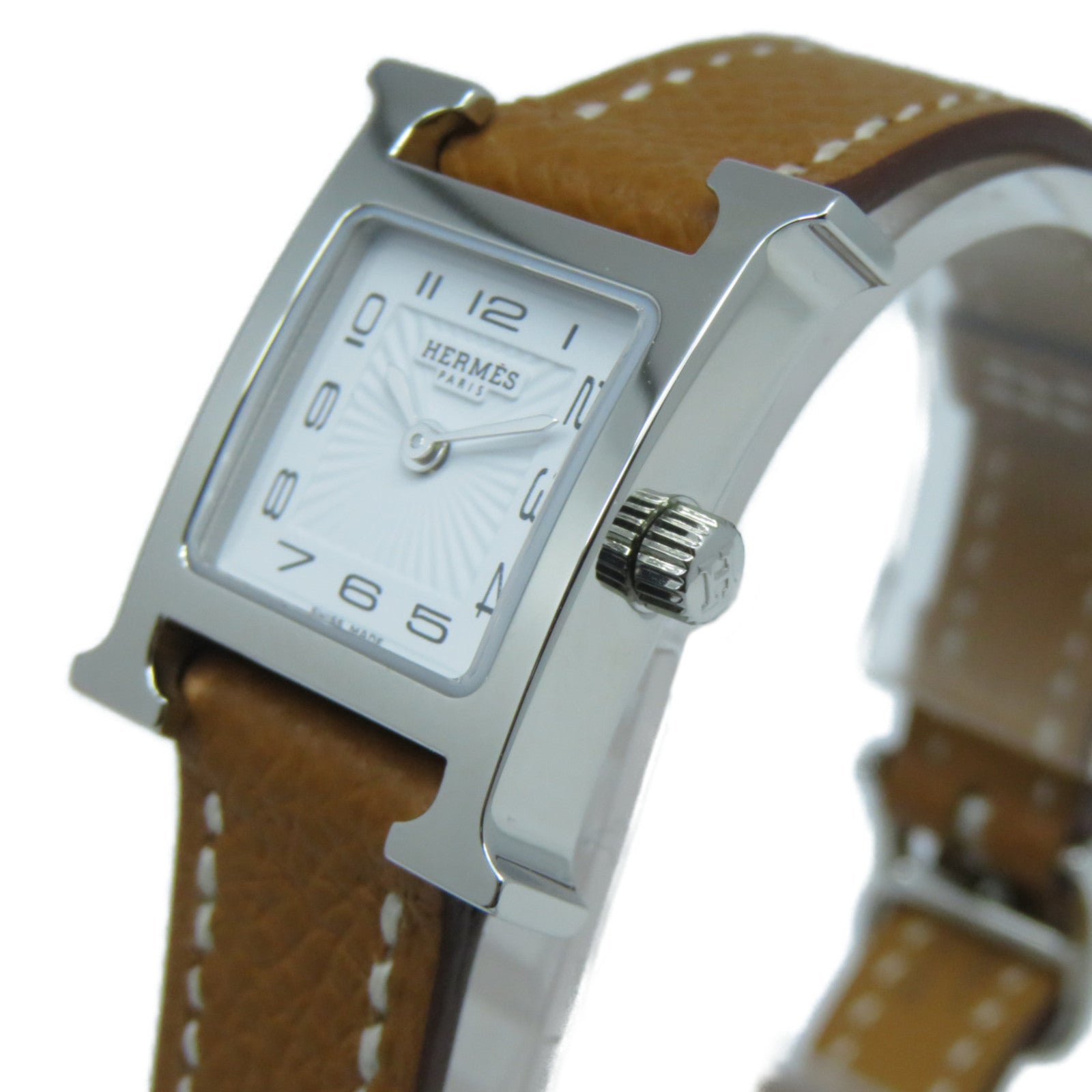 HERMES H watch 21mm不鏽鋼Epsom皮革帶手錶石英機芯白色/Gold經典駝色