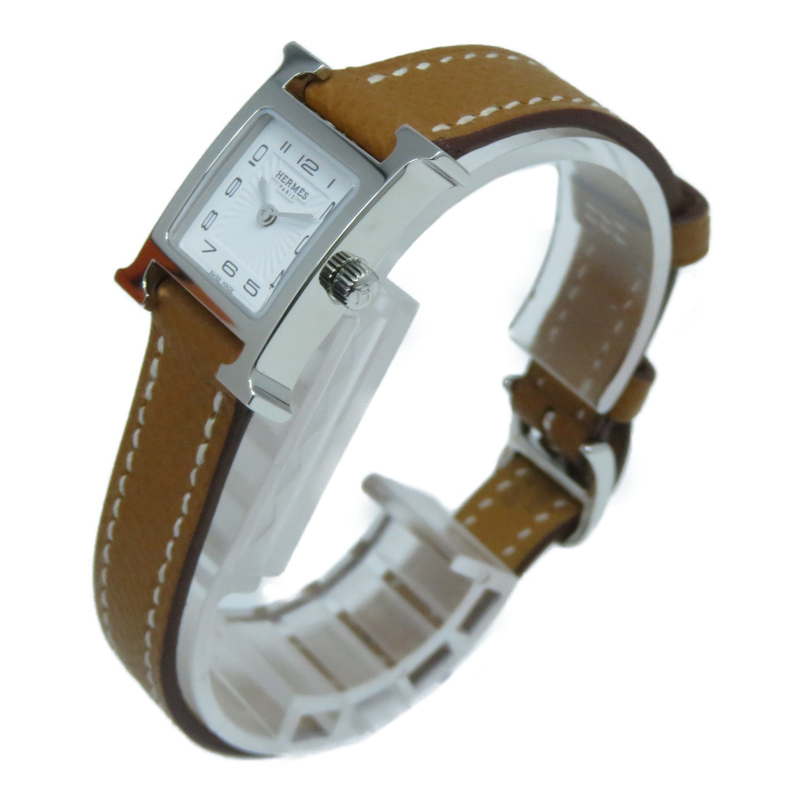 HERMES H watch 21mm不鏽鋼Epsom皮革帶手錶石英機芯白色/Gold經典駝色