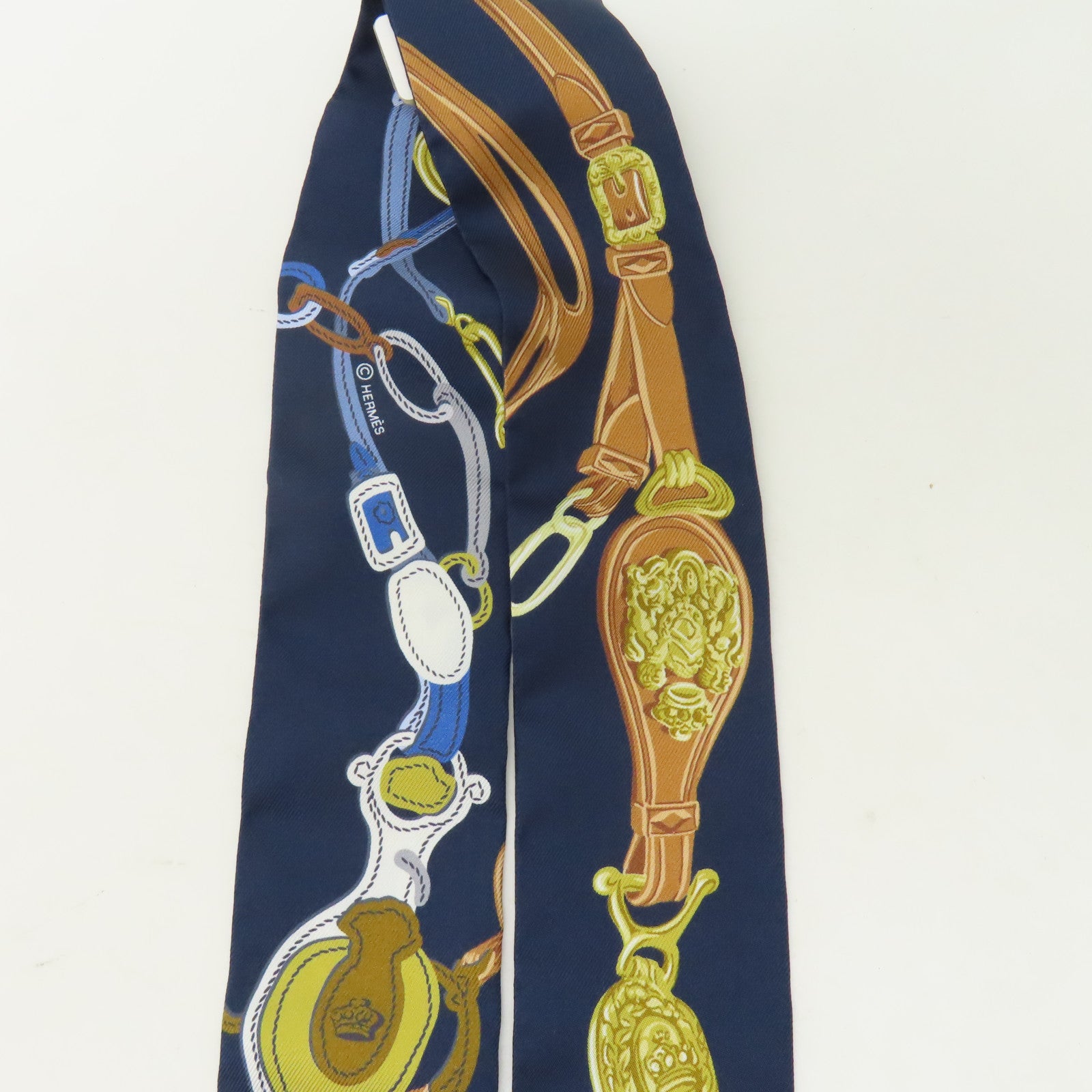 HERMES 絲質Twilly絲巾深藍色/黃色/啡色