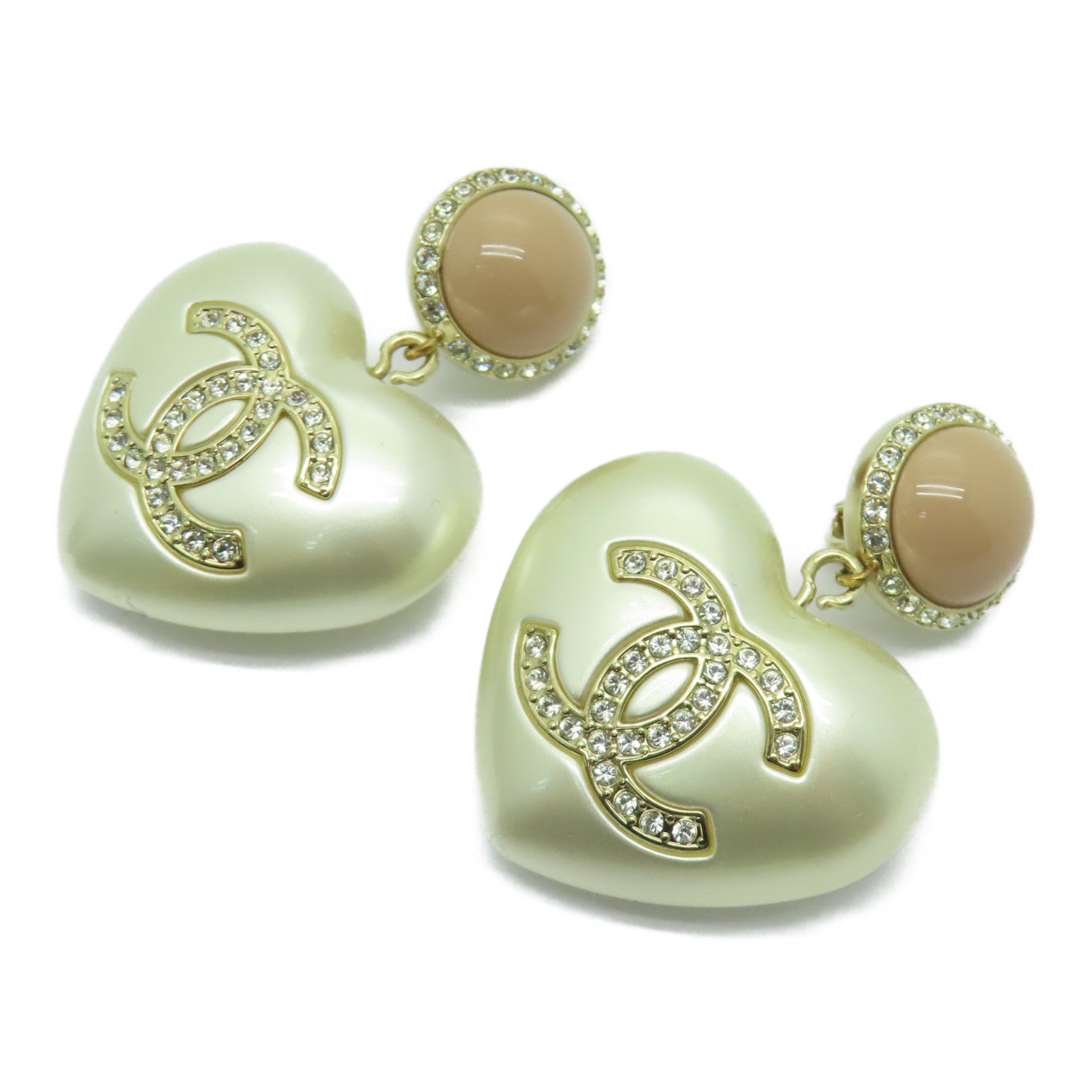 CHANEL 金屬Heart Earrings耳夾耳環粉紅色/珍珠白色