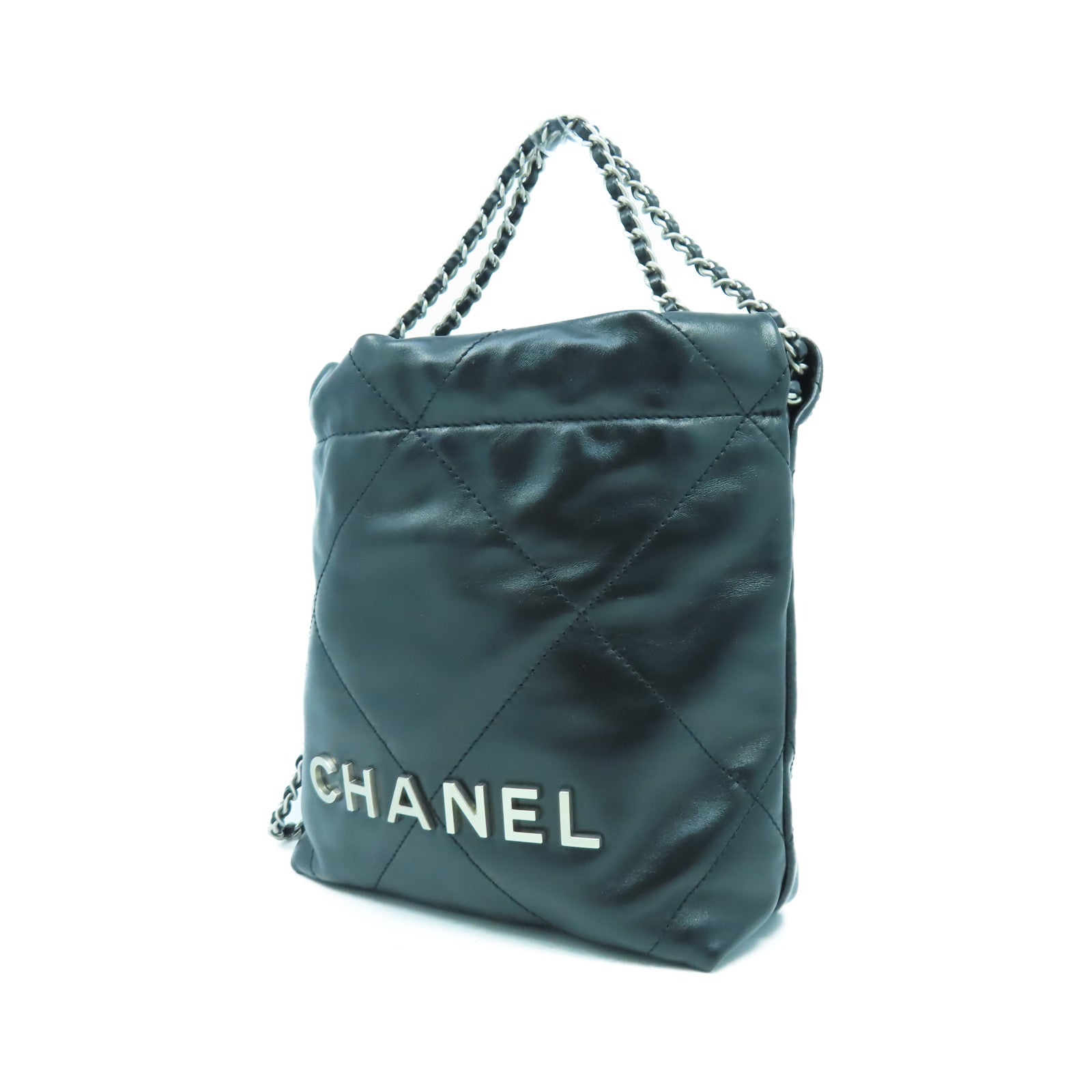 CHANEL 菱格牛皮皮革Chanel 22 Mini銀扣鏈帶手挽肩背兩用袋黑色