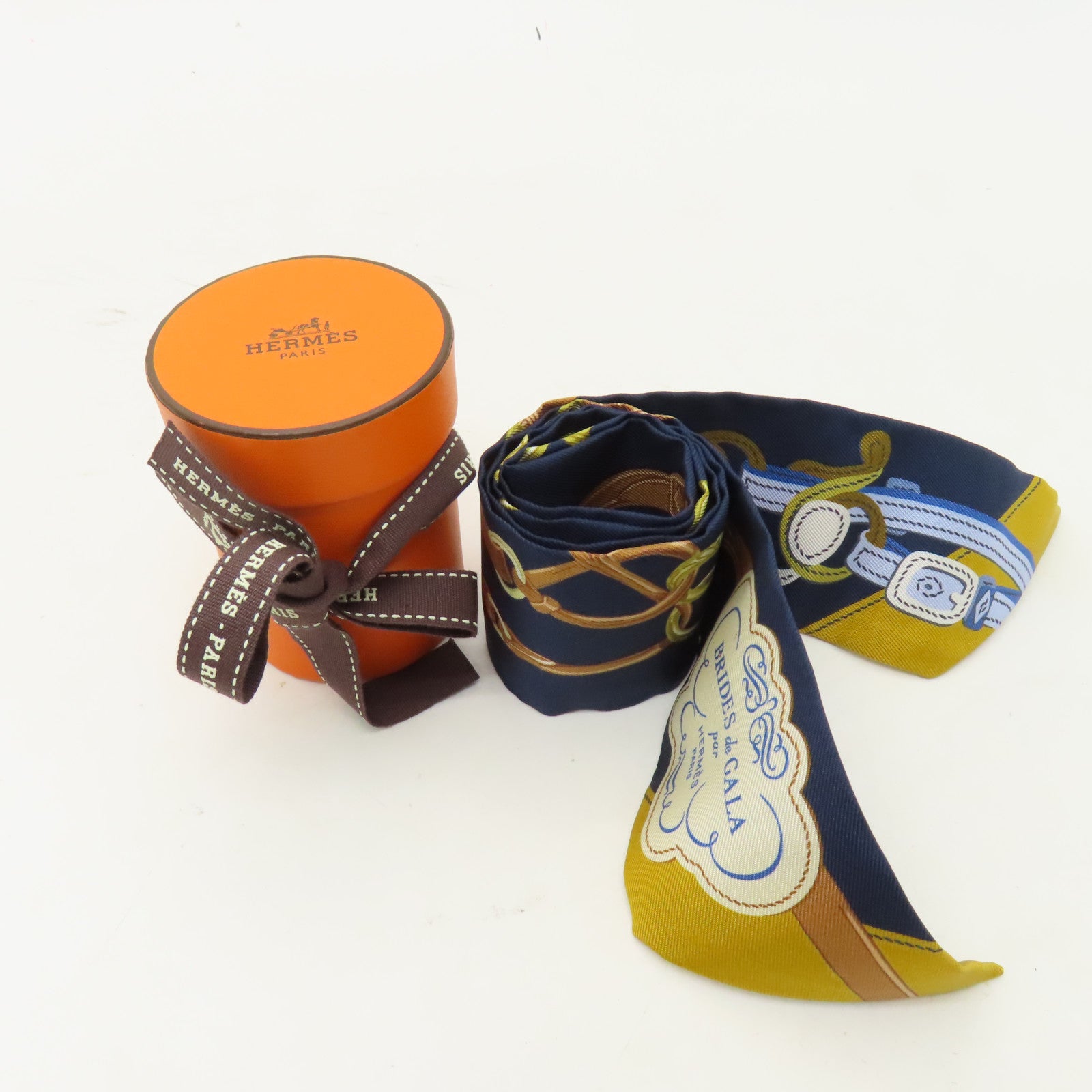 HERMES 絲質Twilly絲巾深藍色/黃色/啡色
