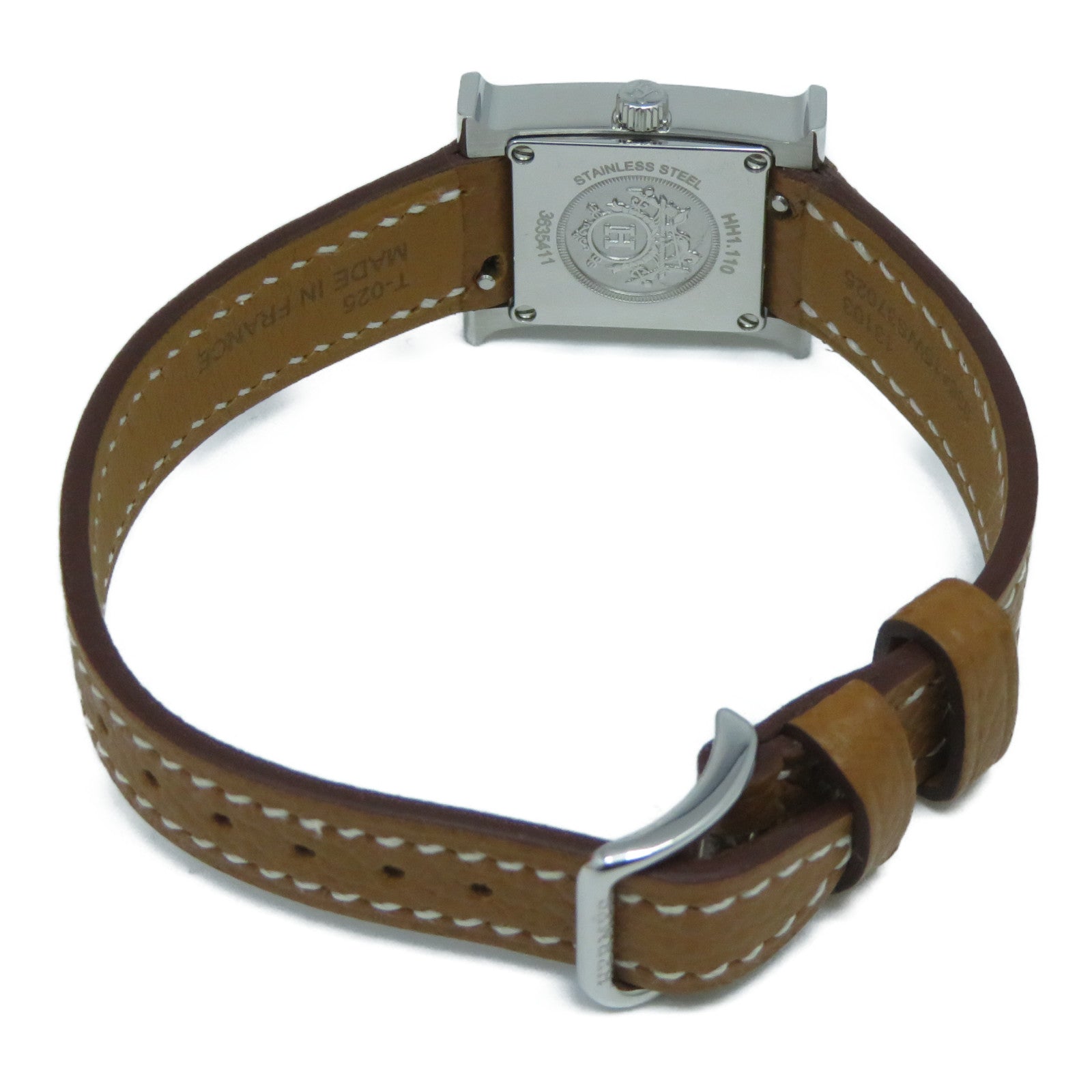 HERMES H watch 21mm不鏽鋼Epsom皮革帶手錶石英機芯白色/Gold經典駝色
