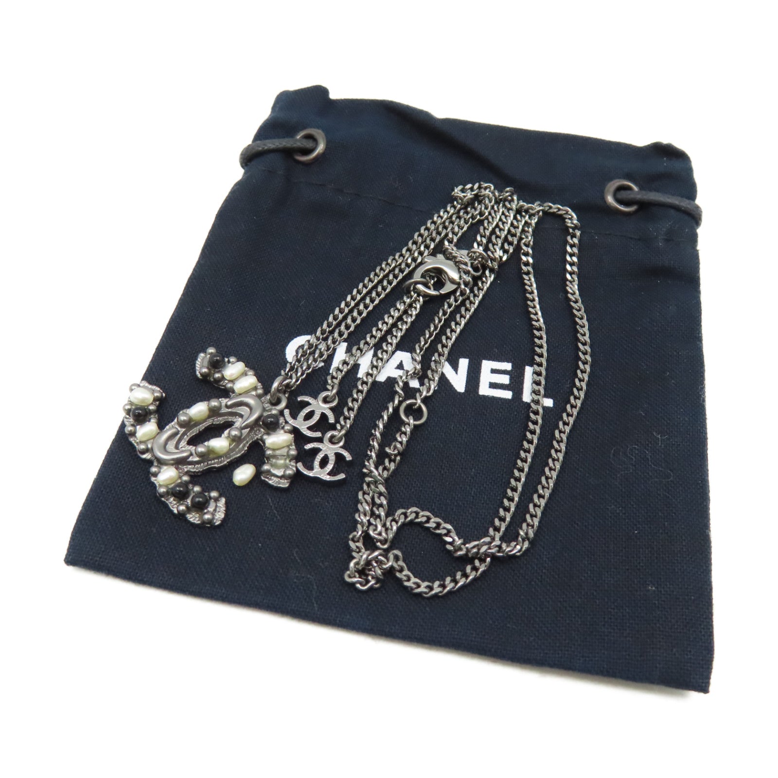 CHANEL 金屬/仿珍珠 CC Necklace項鏈銀色/黑色/米白色
