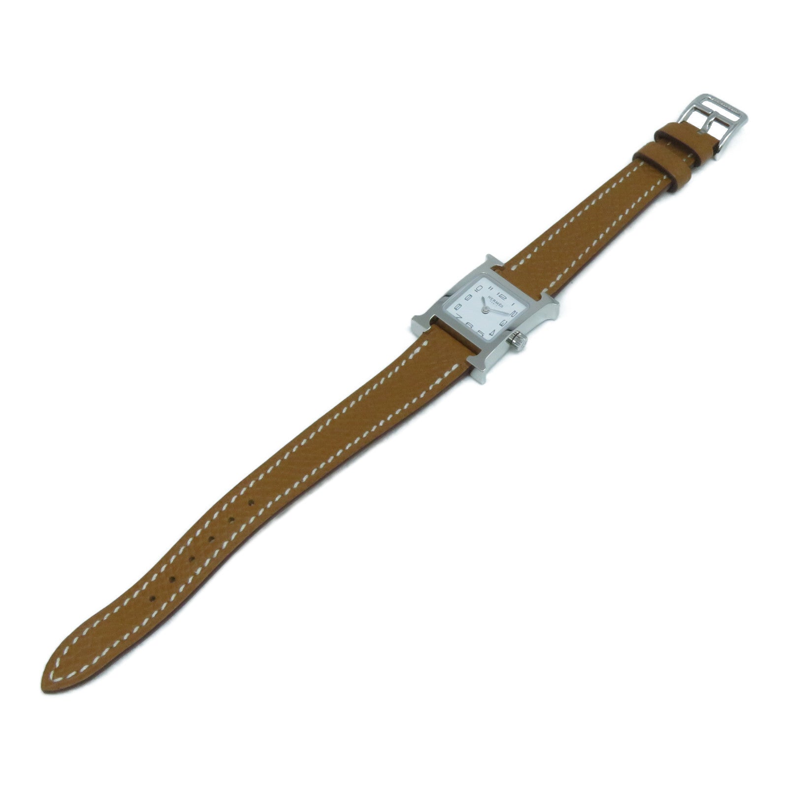 HERMES H watch 21mm不鏽鋼Epsom皮革帶手錶石英機芯白色/Gold經典駝色