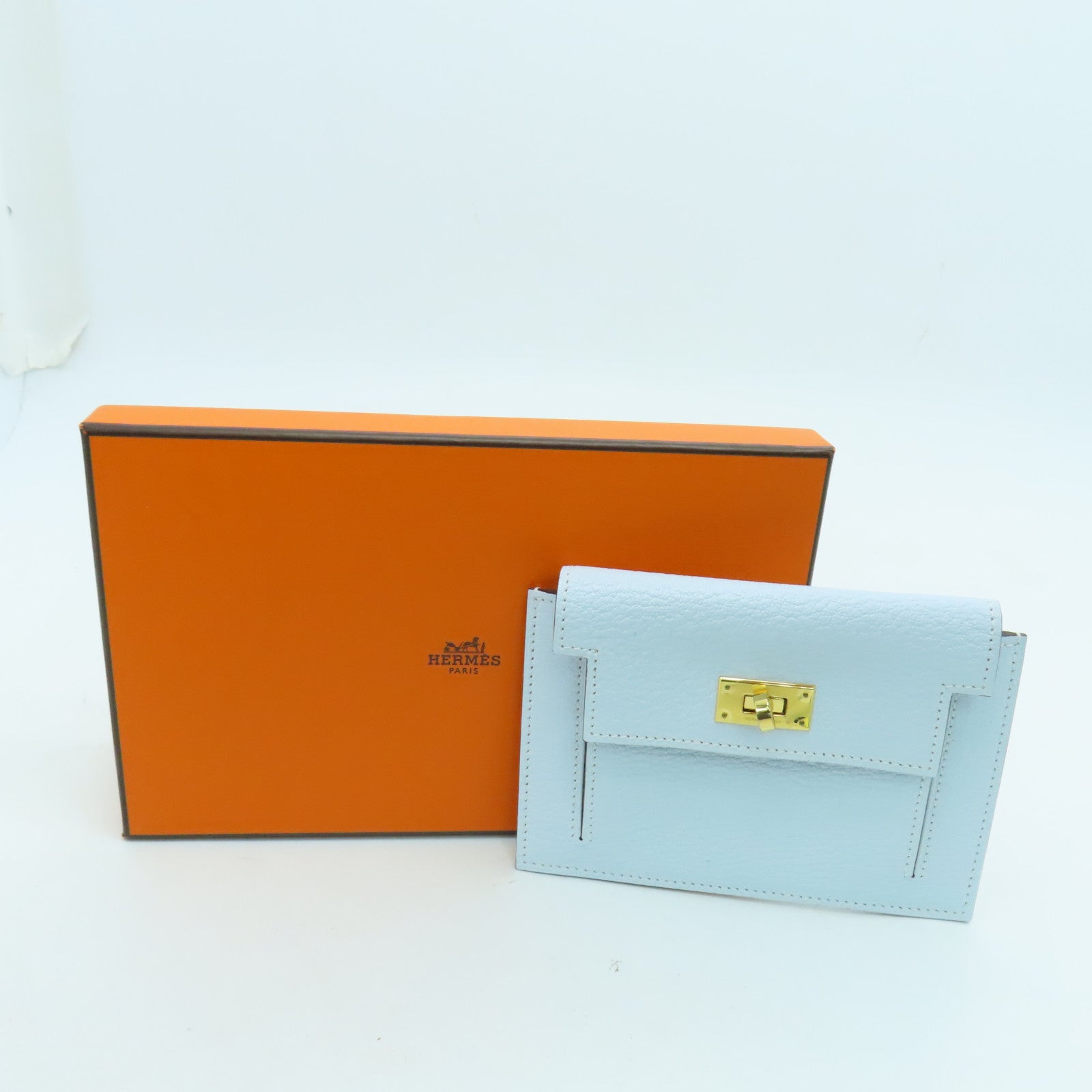 HERMES Chevre Leather Kelly Pocket Compact Wallet Gold Buckle Wallet Haze Blue