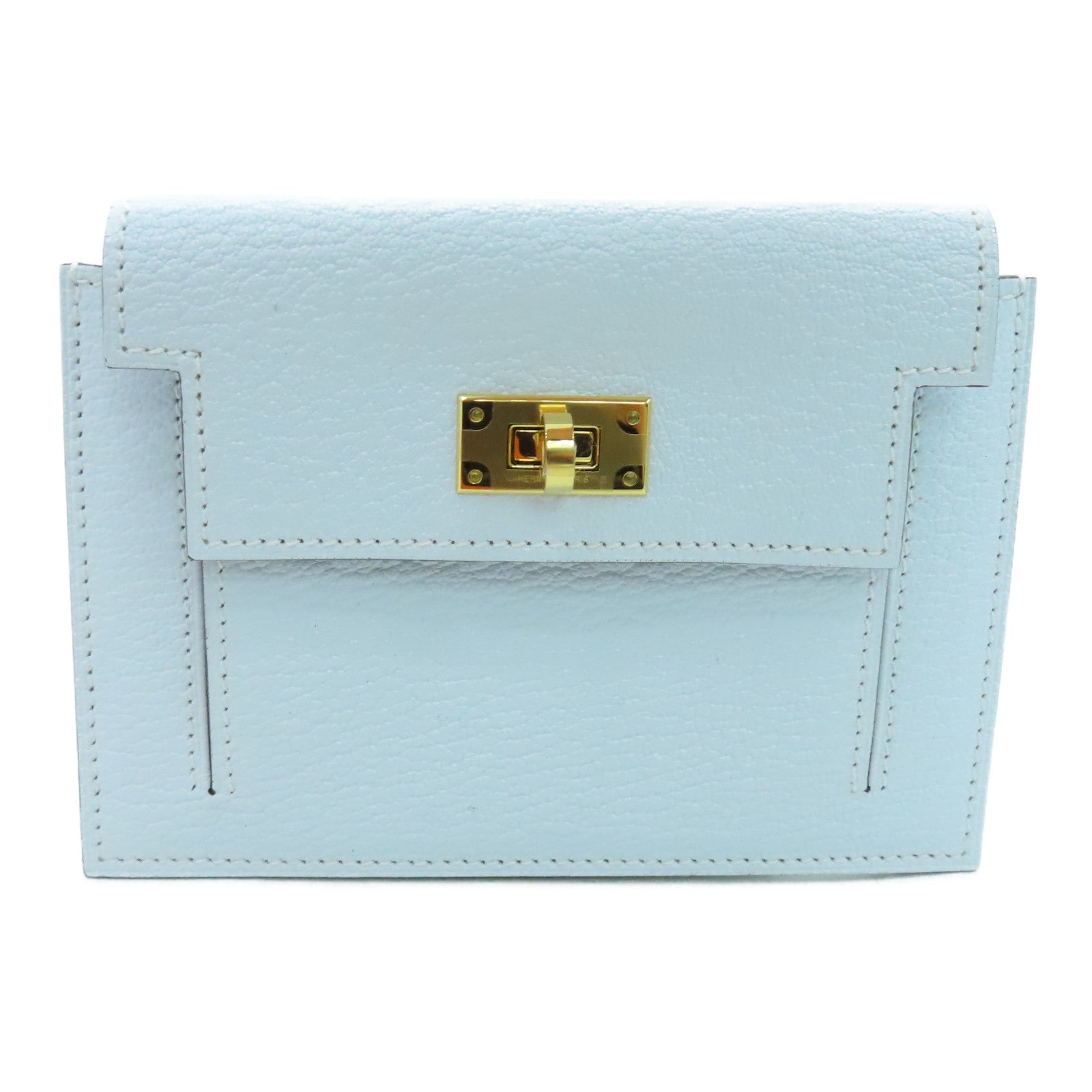 HERMES Chevre Leather Kelly Pocket Compact Wallet Gold Buckle Wallet Haze Blue