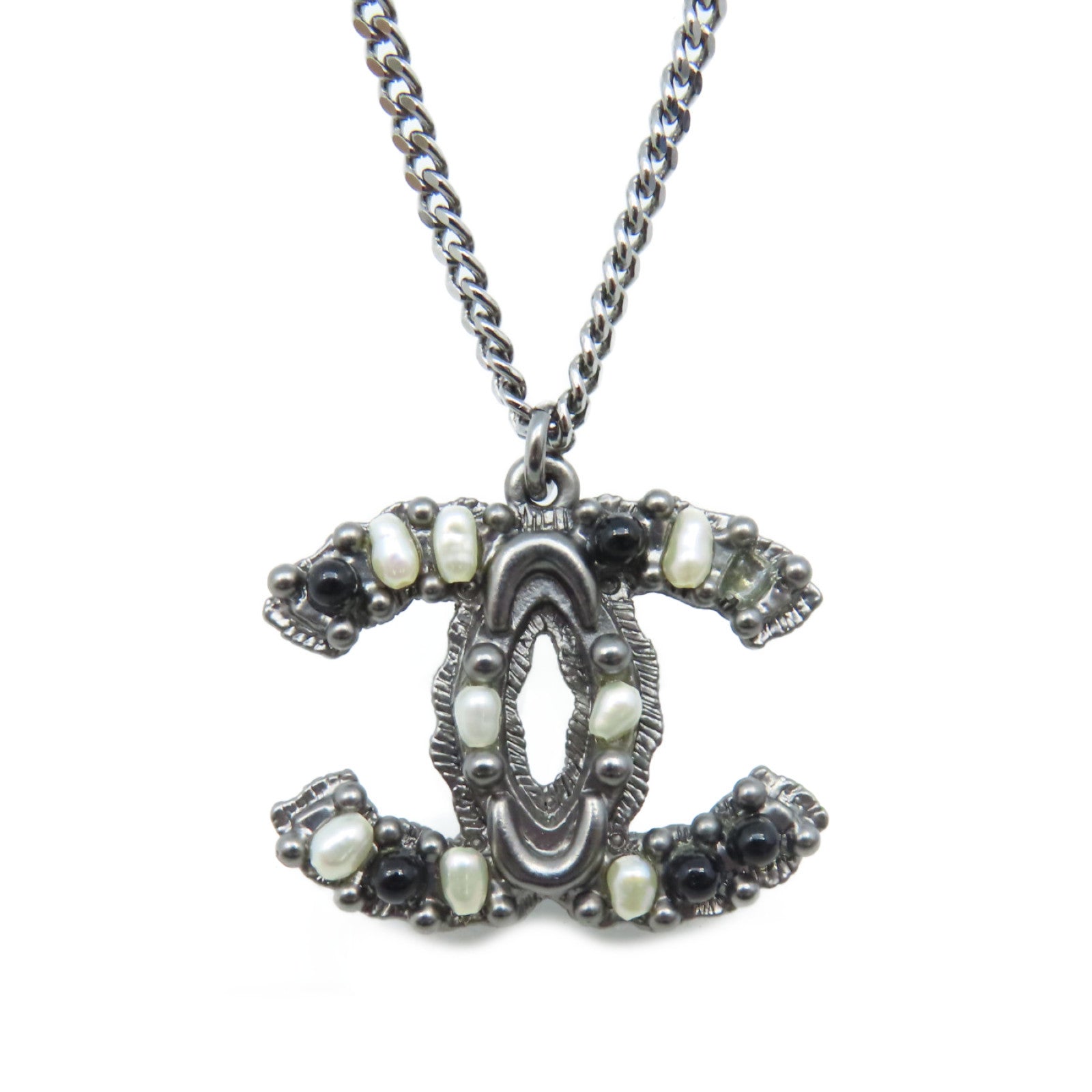 CHANEL 金屬/仿珍珠 CC Necklace項鏈銀色/黑色/米白色