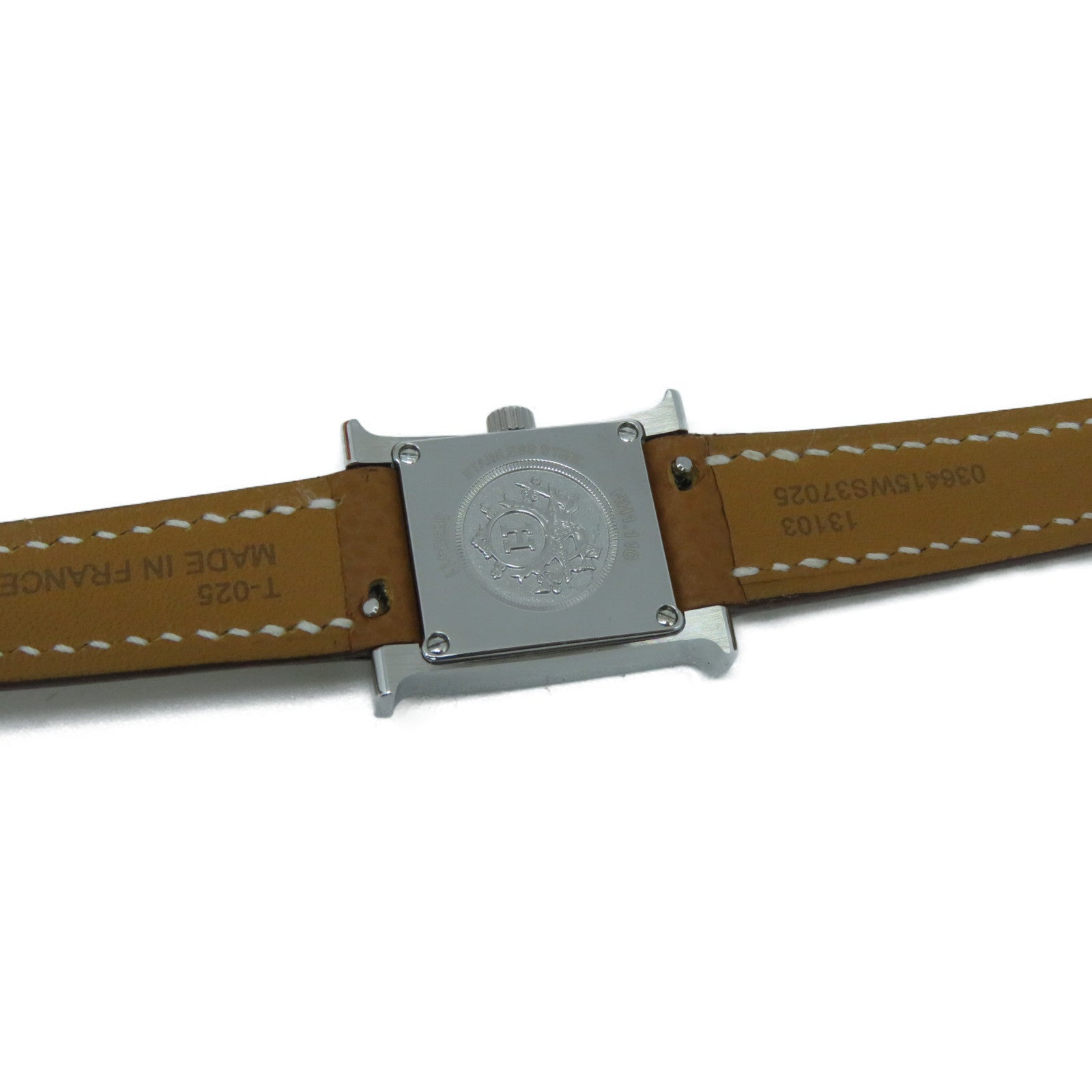 HERMES H watch 21mm不鏽鋼Epsom皮革帶手錶石英機芯白色/Gold經典駝色