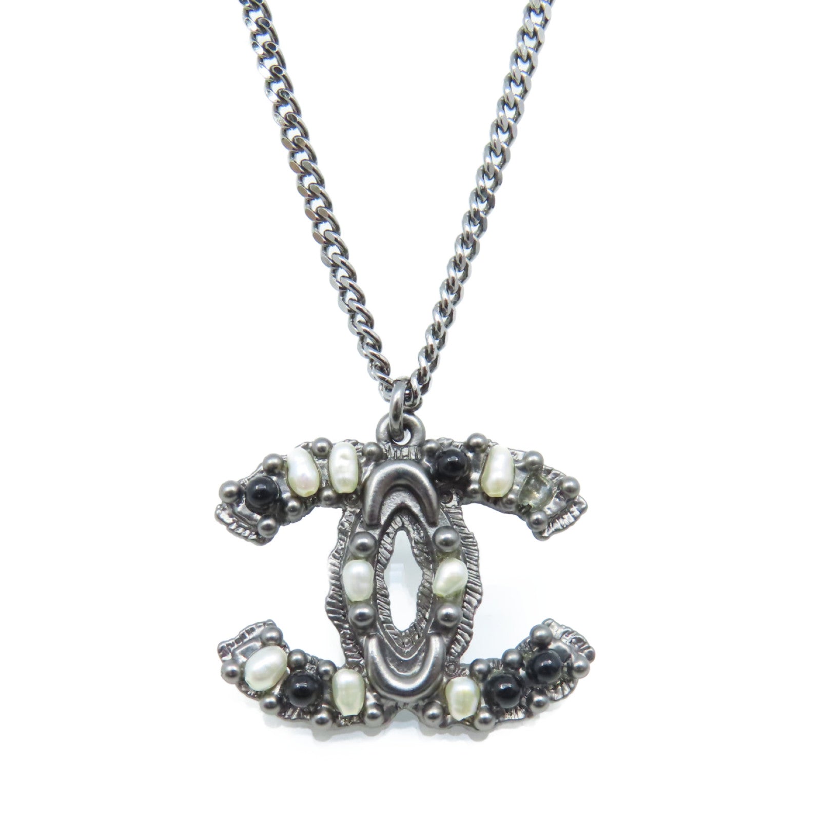 CHANEL 金屬/仿珍珠 CC Necklace項鏈銀色/黑色/米白色