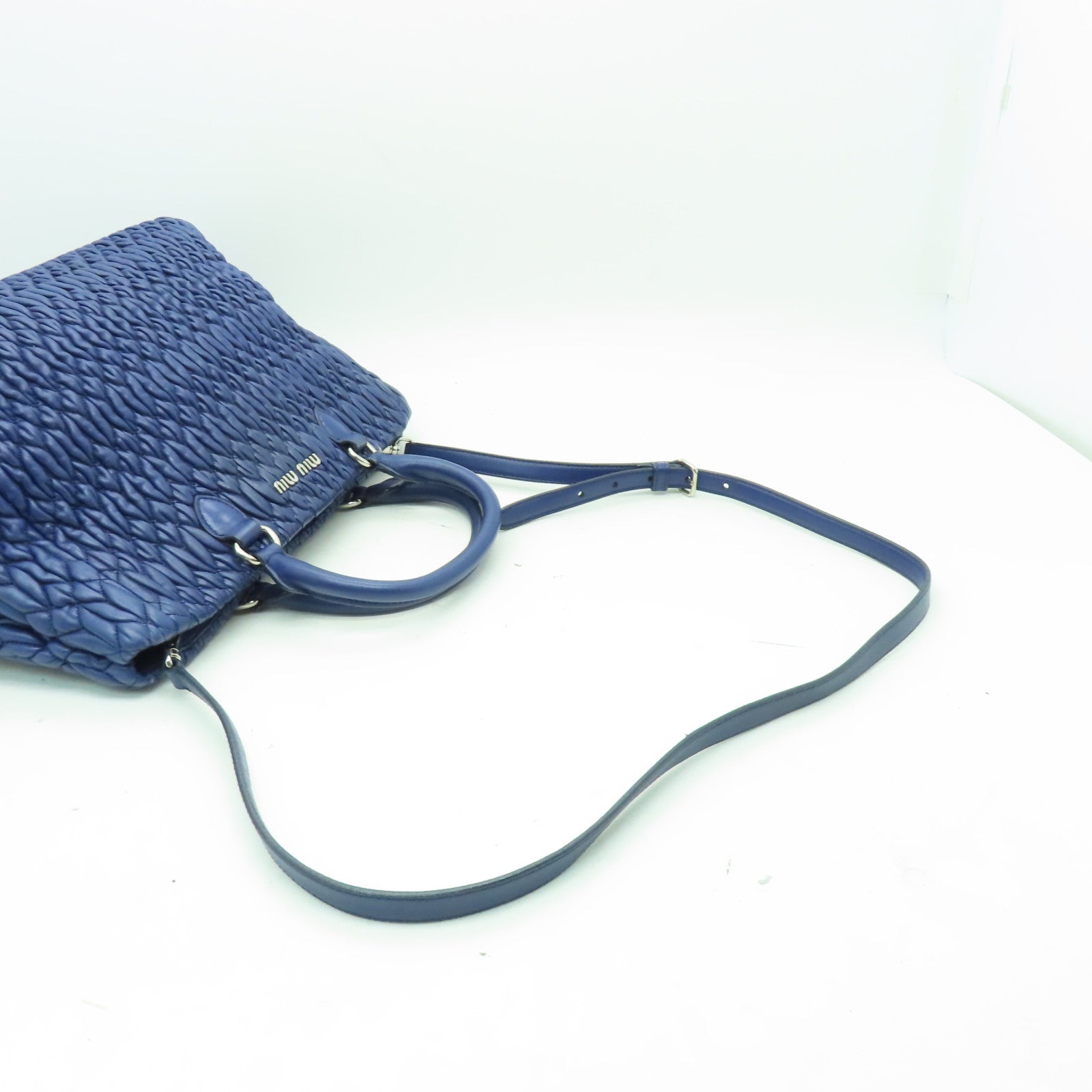 Miu Miu 牛皮皮革2 Way Shoulder銀扣手挽肩背兩用袋藍色