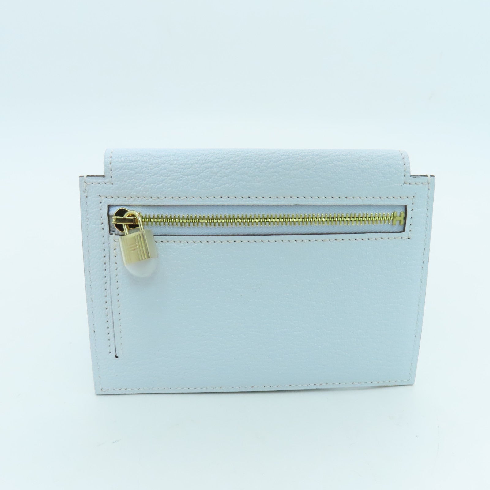 HERMES Chevre Leather Kelly Pocket Compact Wallet Gold Buckle Wallet Haze Blue