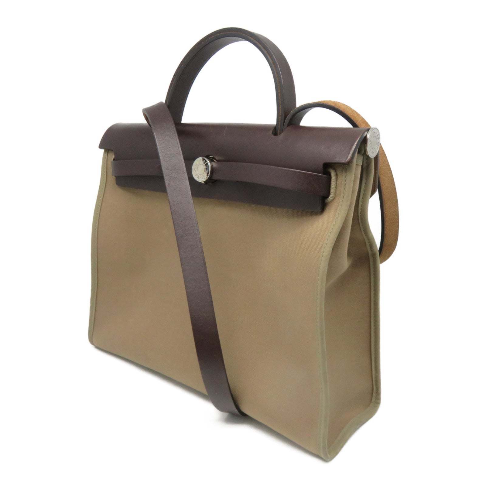 HERMES 【激减优惠】帆布Herbag PM银扣肩背袋Etoupe米色