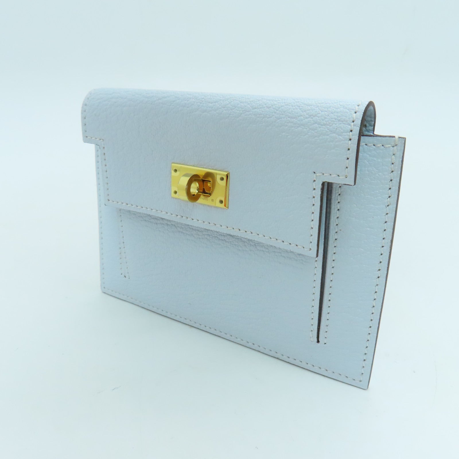 HERMES Chevre Leather Kelly Pocket Compact Wallet Gold Buckle Wallet Haze Blue
