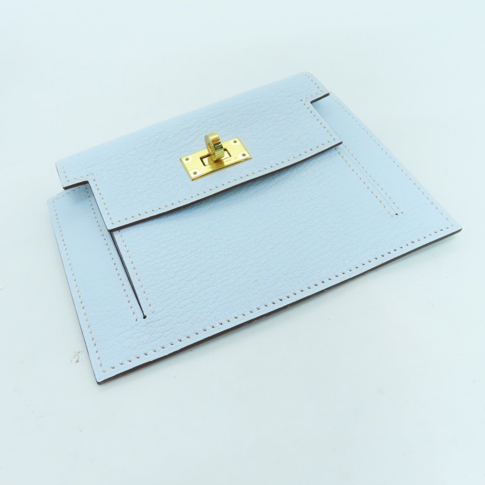 HERMES Chevre Leather Kelly Pocket Compact Wallet Gold Buckle Wallet Haze Blue