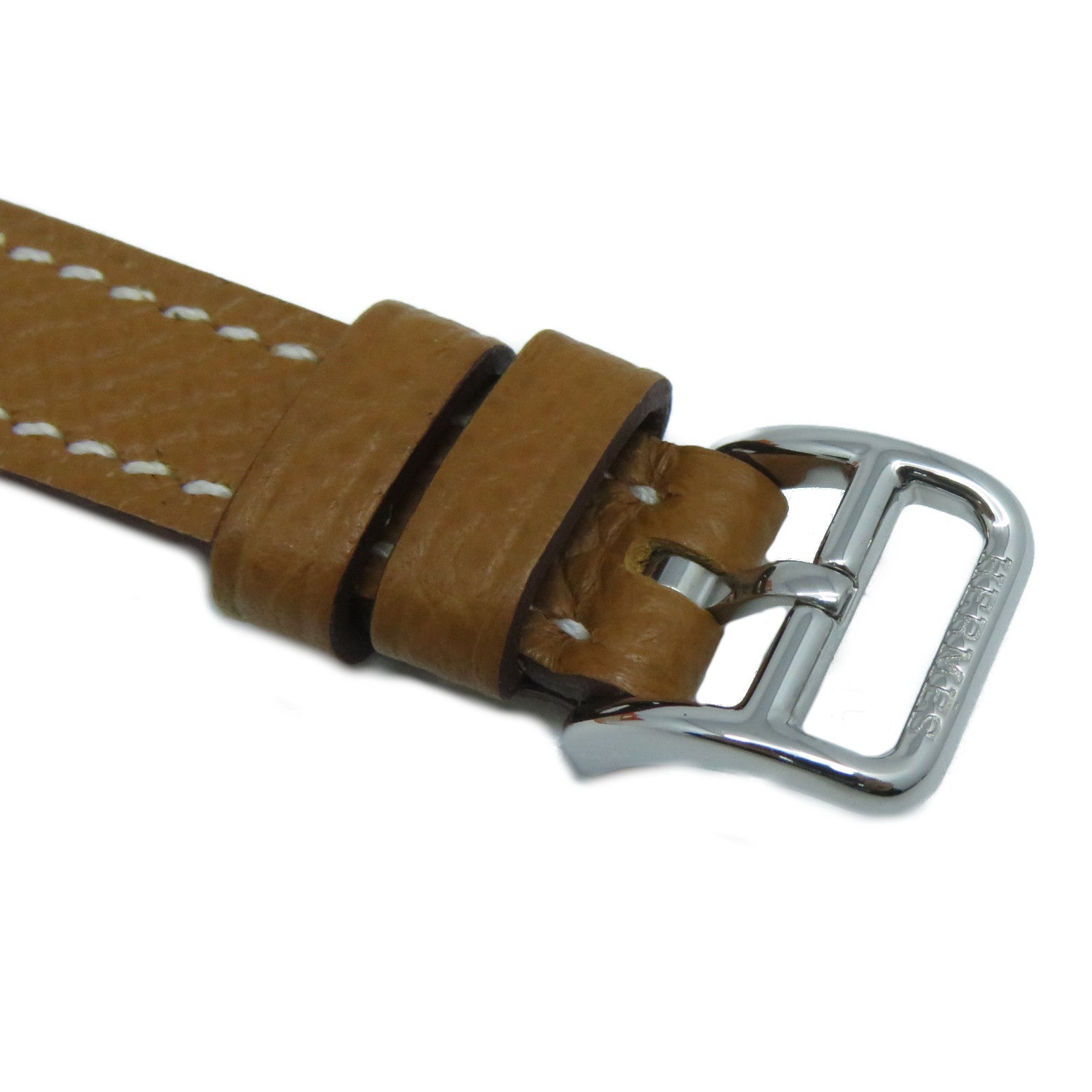 HERMES H watch 21mm不鏽鋼Epsom皮革帶手錶石英機芯白色/Gold經典駝色