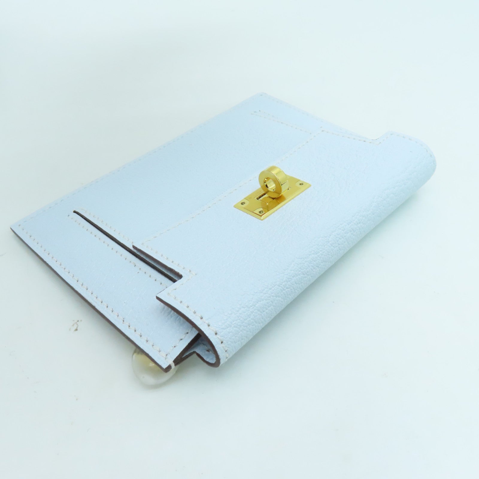 HERMES Chevre Leather Kelly Pocket Compact Wallet Gold Buckle Wallet Haze Blue