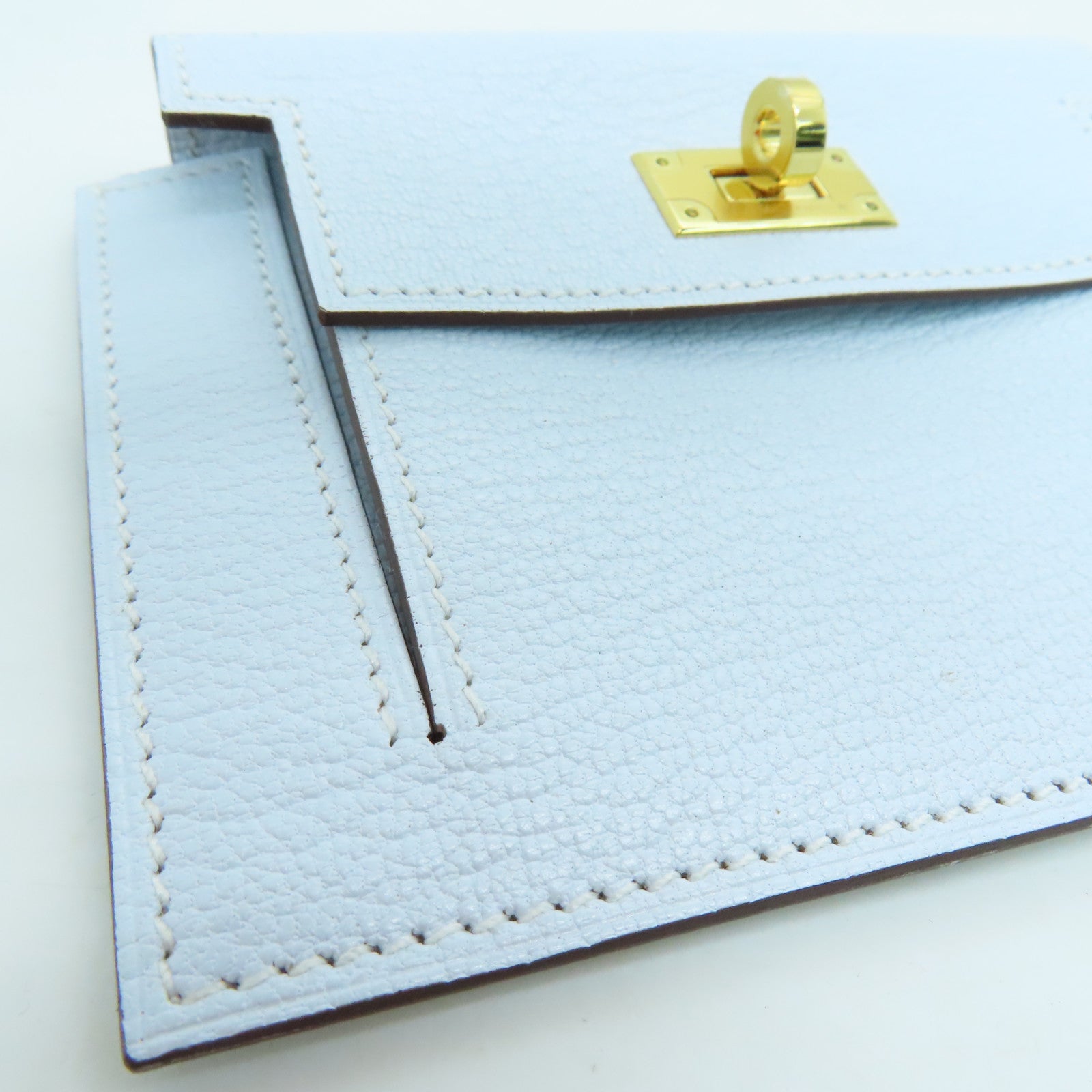 HERMES Chevre Leather Kelly Pocket Compact Wallet Gold Buckle Wallet Haze Blue