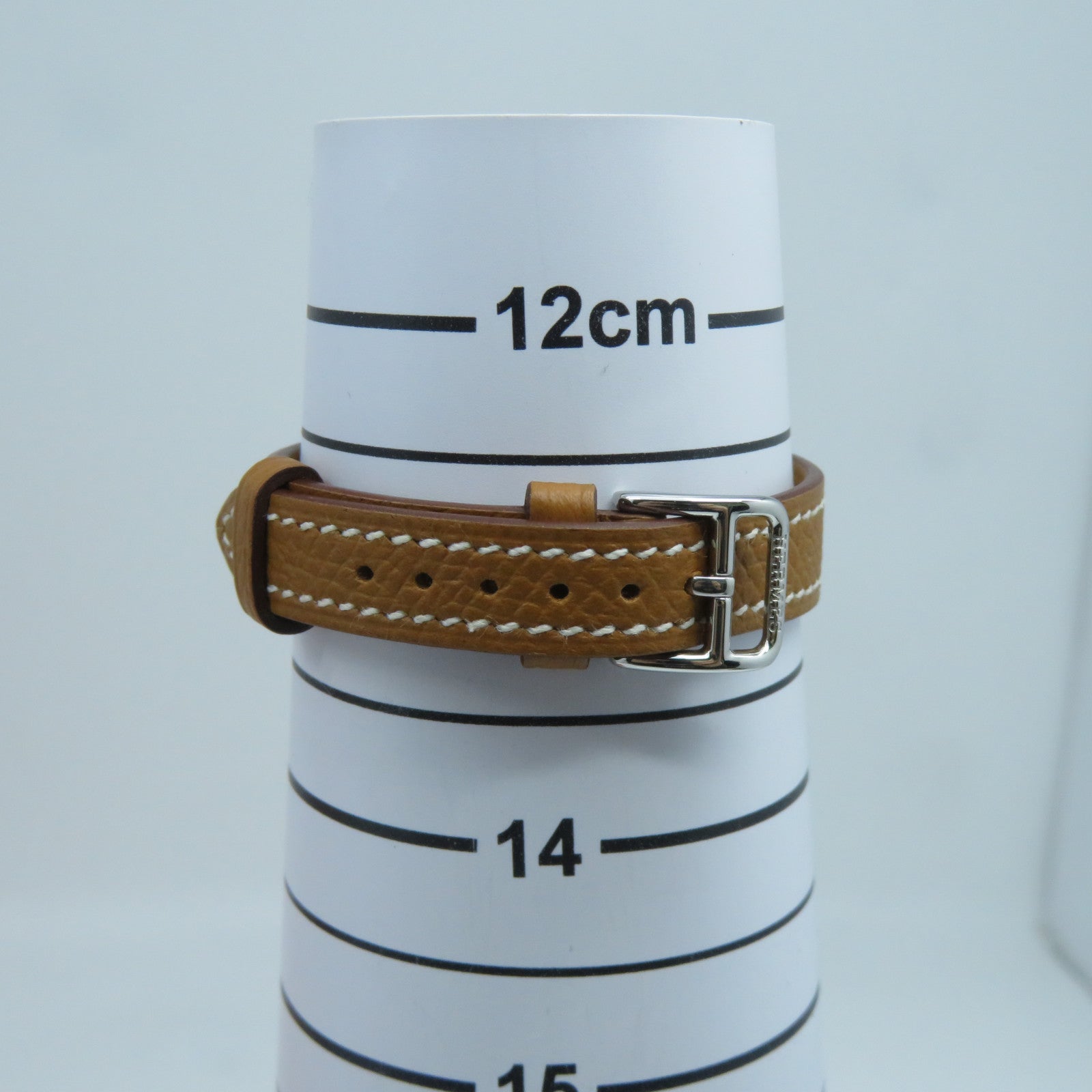 HERMES H watch 21mm不鏽鋼Epsom皮革帶手錶石英機芯白色/Gold經典駝色